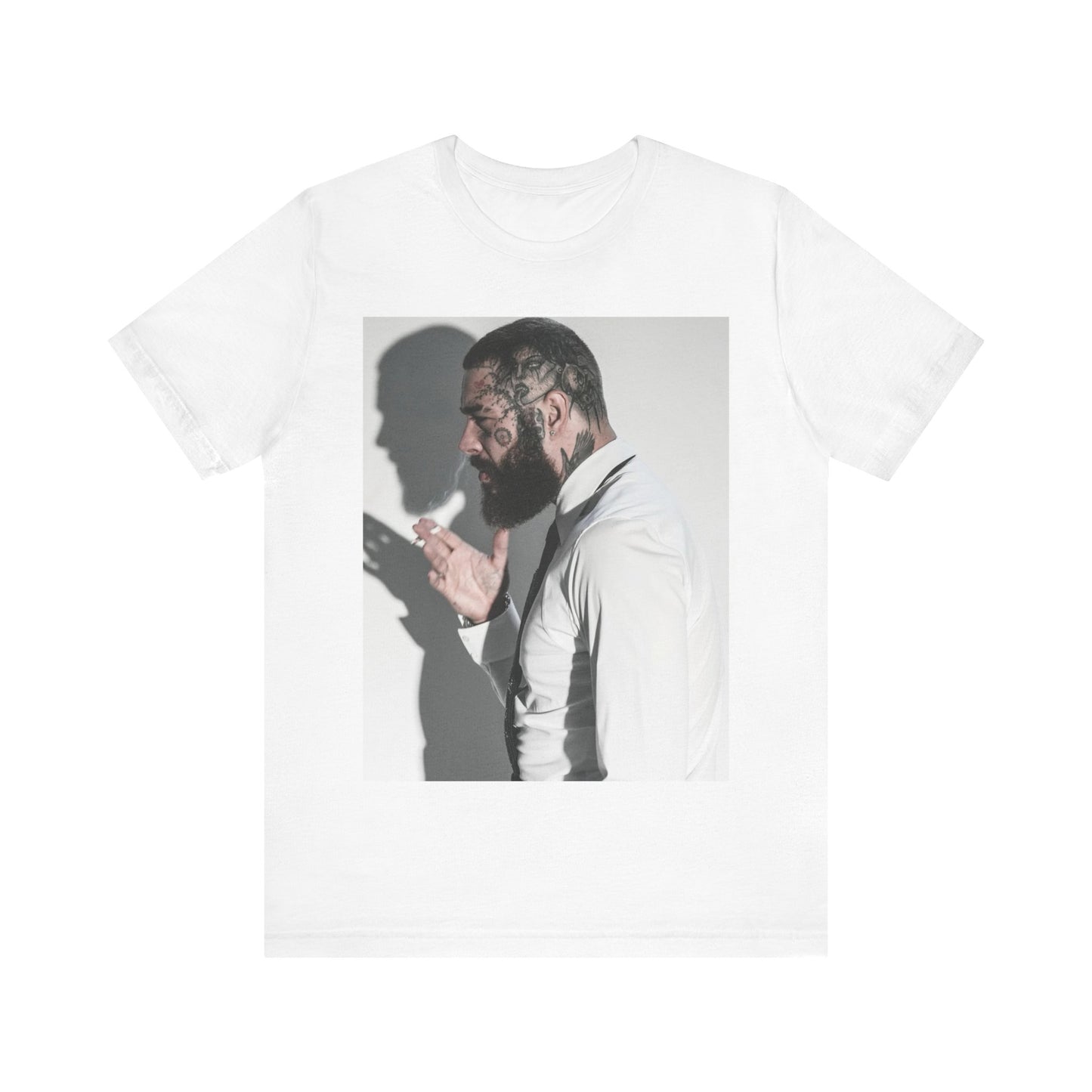 A black graphic t-shirt featuring a graphic of Post Malone with his classic face tattoos.