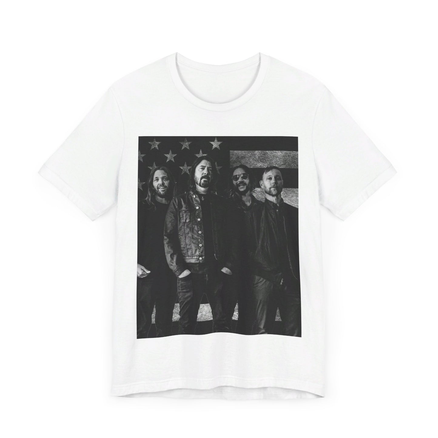 A black graphic t-shirt featuring a graphic of Foo Fighters integrated with elements of the American flag.
