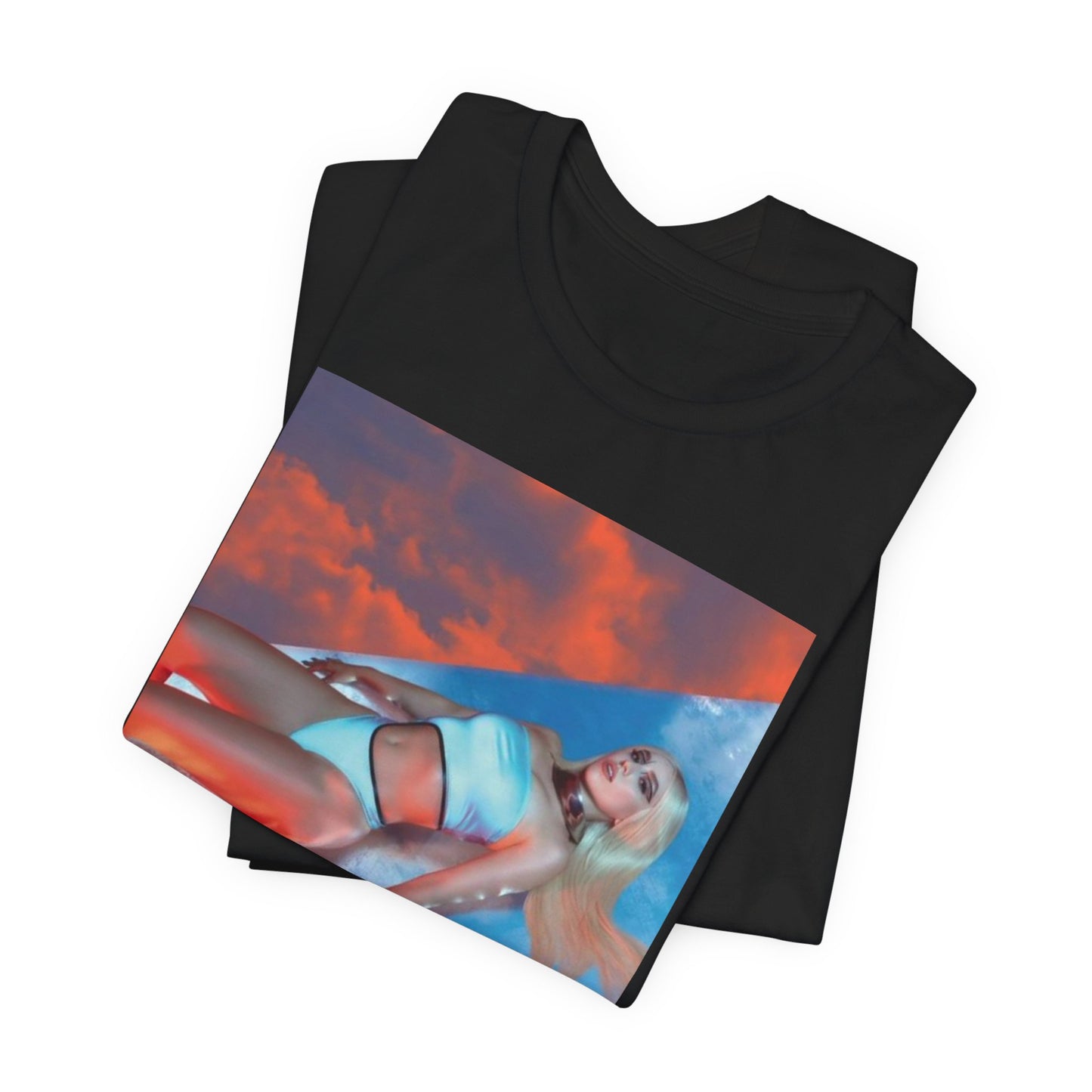 A black graphic t-shirt featuring a neon pop art style graphic of Ava Max, with bright, glowing colors.