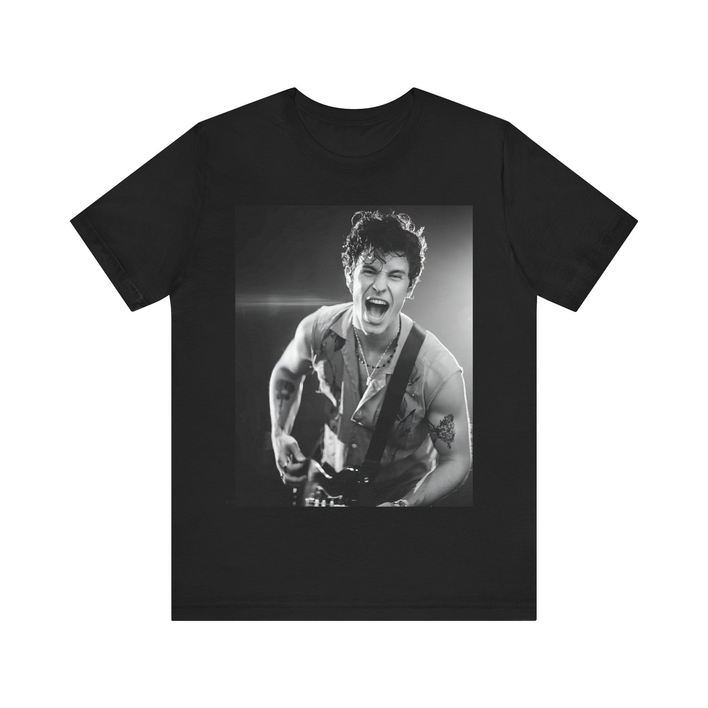 A black graphic t-shirt featuring a black and white photo of Shawn Mendes, emphasizing his charm.