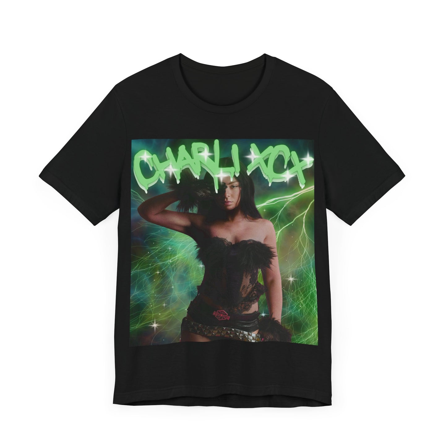 A black graphic t-shirt featuring a retro green neon graphic of Charli XCX's signature.