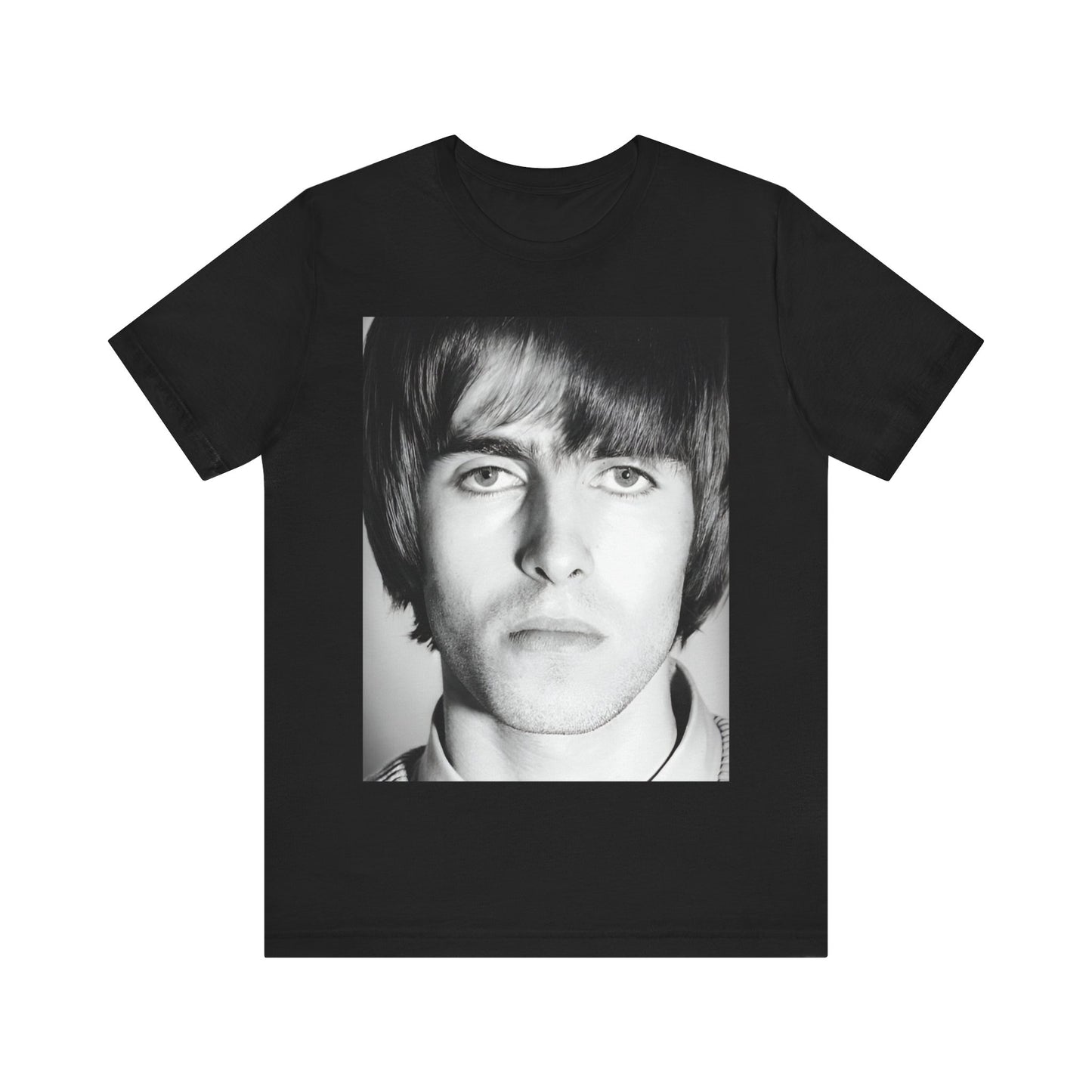 A black graphic t-shirt featuring a 90s portrait photo of Liam Gallagher from Oasis.