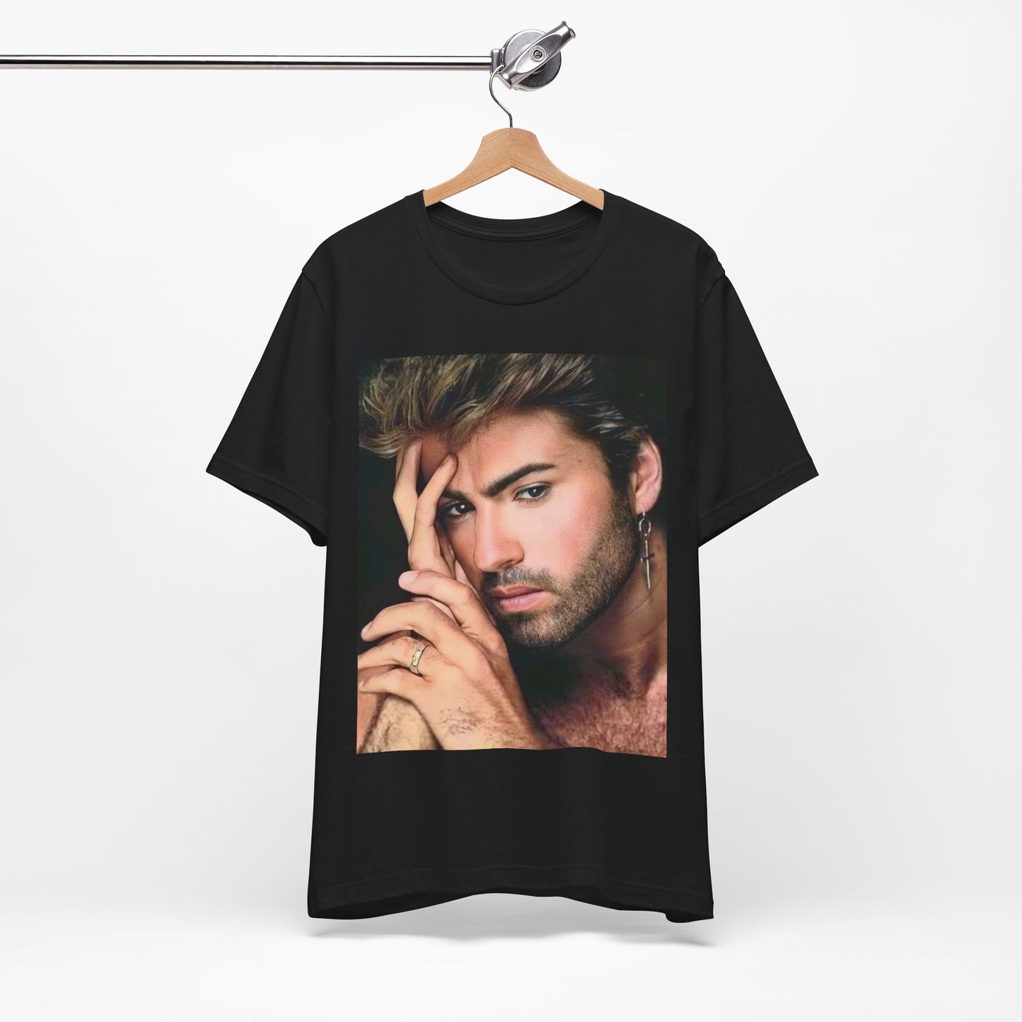 A black graphic t-shirt featuring a graphic of George Michael with a feel-good 80s vibe.