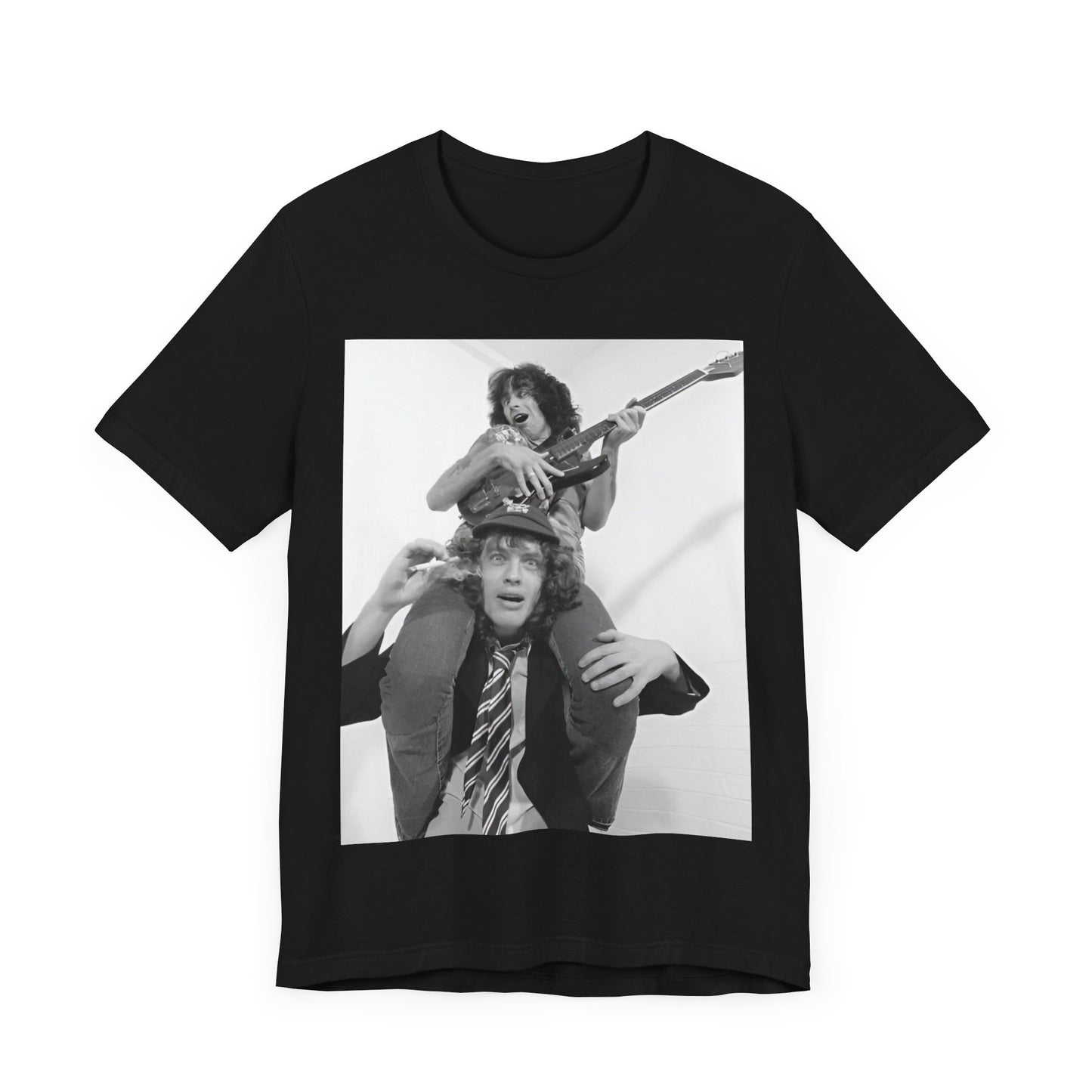 A black graphic t-shirt featuring a split image of AC/DC's Bon Scott and Angus Young, representing the band's iconic duo.