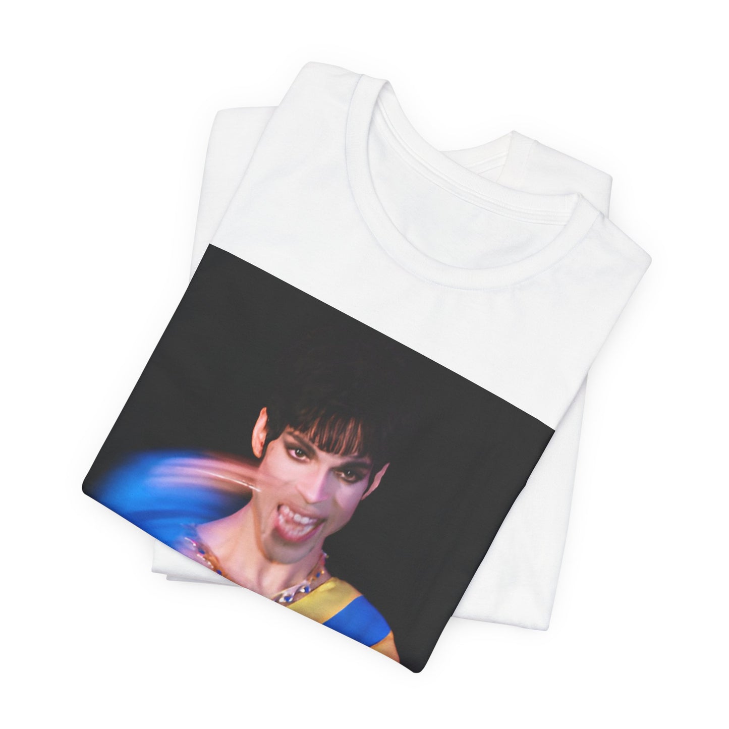A black graphic t-shirt featuring a graphic related to Prince's 'When Doves Cry' song or era.