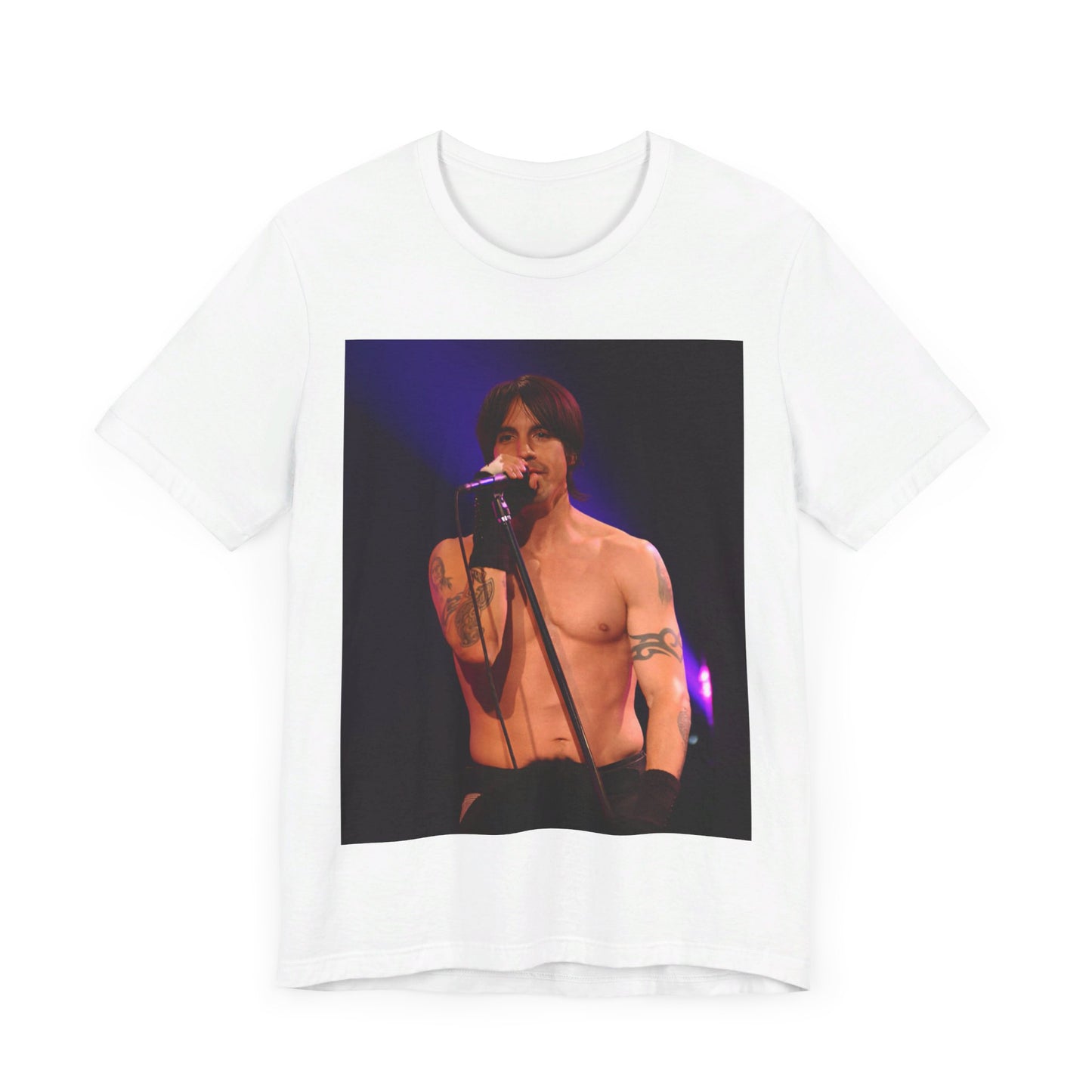A black graphic t-shirt featuring a graphic of Anthony Kiedis from Red Hot Chili Peppers on tour.