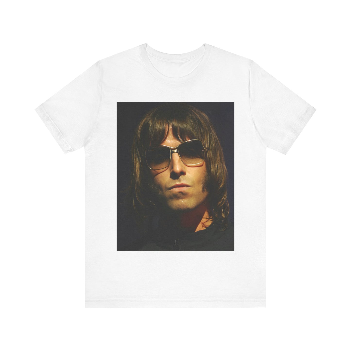 A black graphic t-shirt featuring a photo portrait of Liam Gallagher from Oasis.