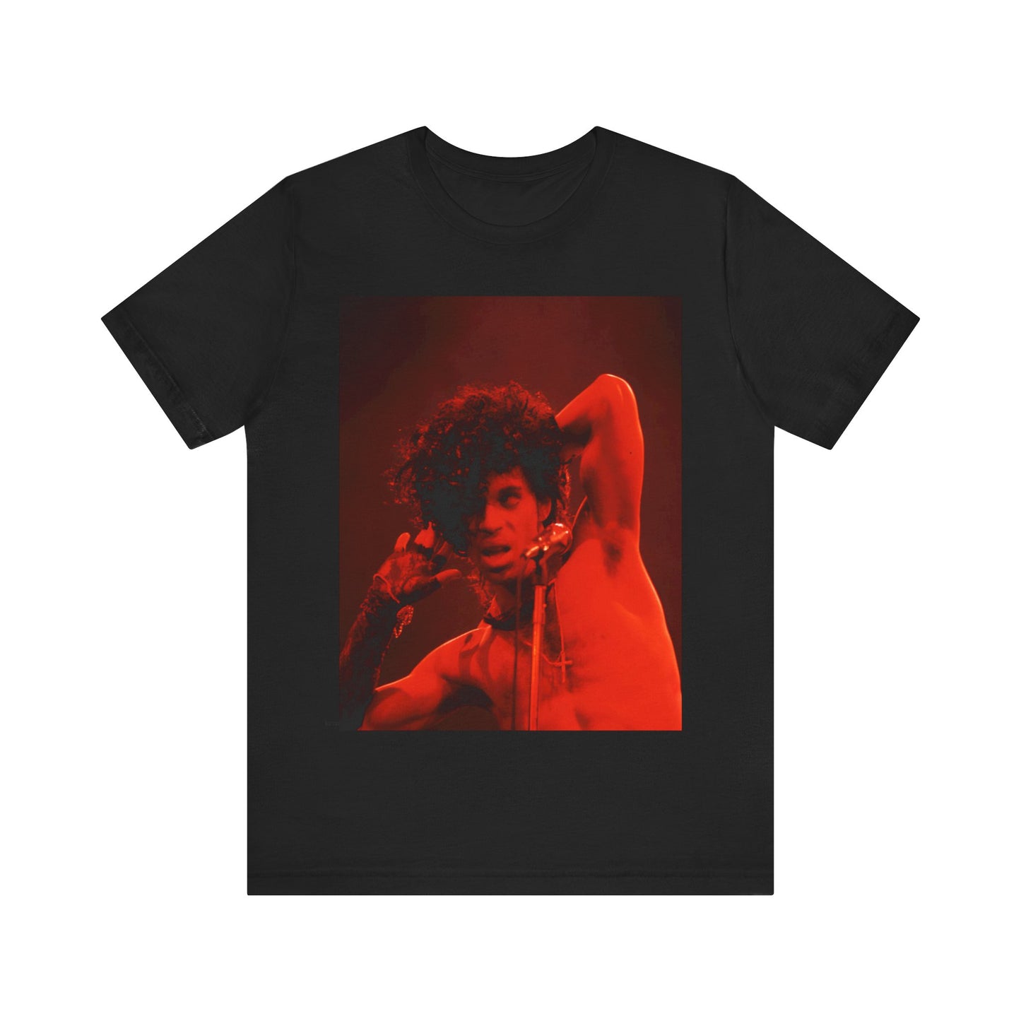 A black graphic t-shirt featuring a concert pop fan graphic of Prince.