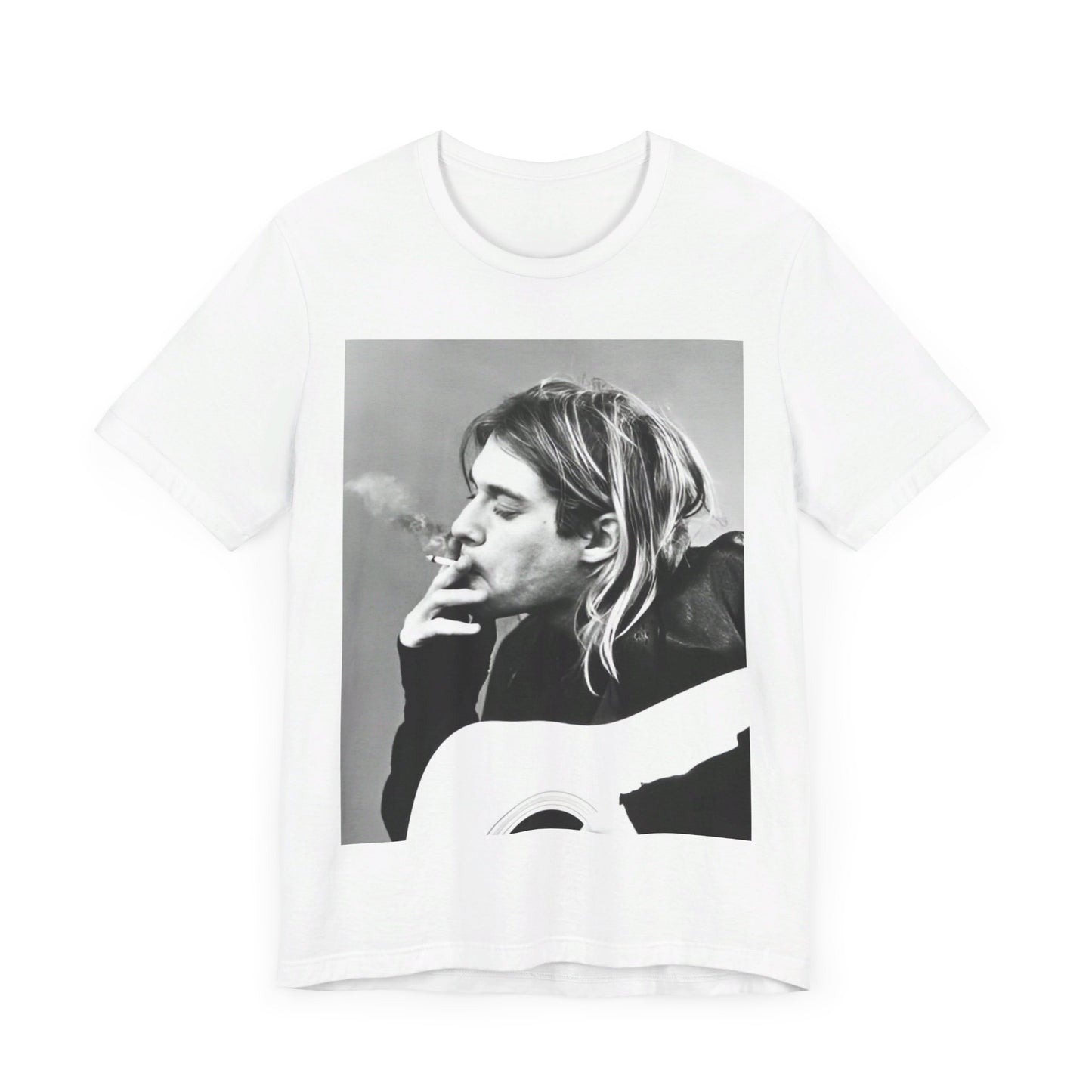 A black graphic t-shirt featuring a vintage photo of a Nirvana member with a cigarette.