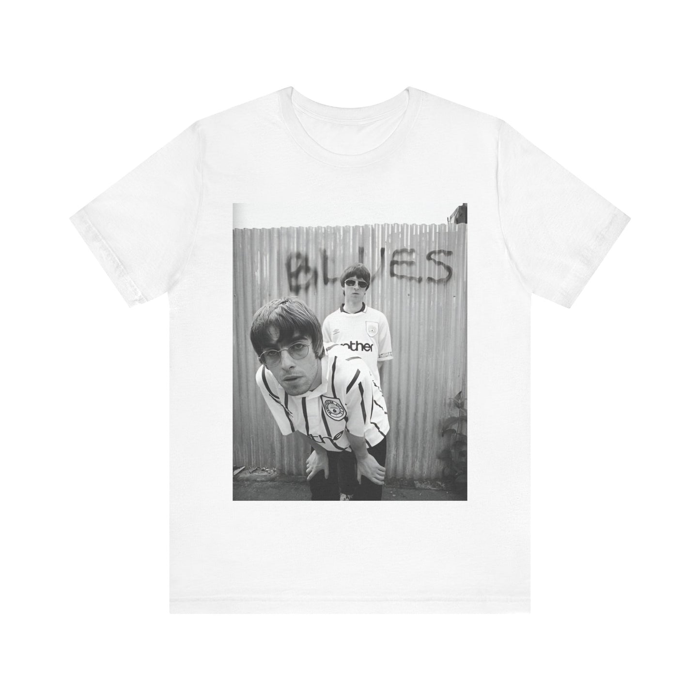 A black graphic t-shirt featuring a graphic of Liam and Noel Gallagher from Oasis, showing their support for Manchester City.