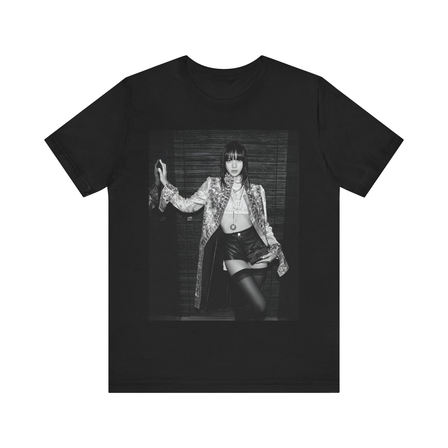 A black graphic t-shirt featuring a black and white, monochrome graphic or photo of Lisa.