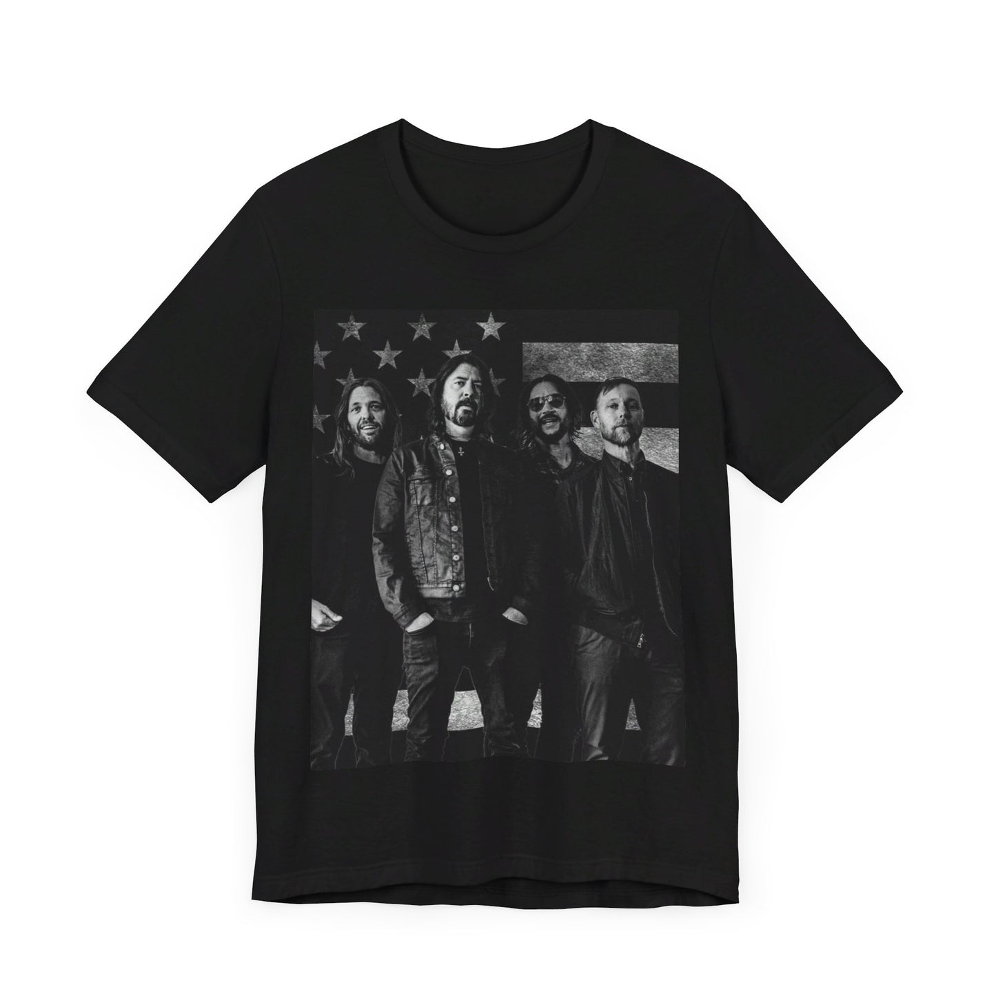 A black graphic t-shirt featuring a graphic of Foo Fighters integrated with elements of the American flag.