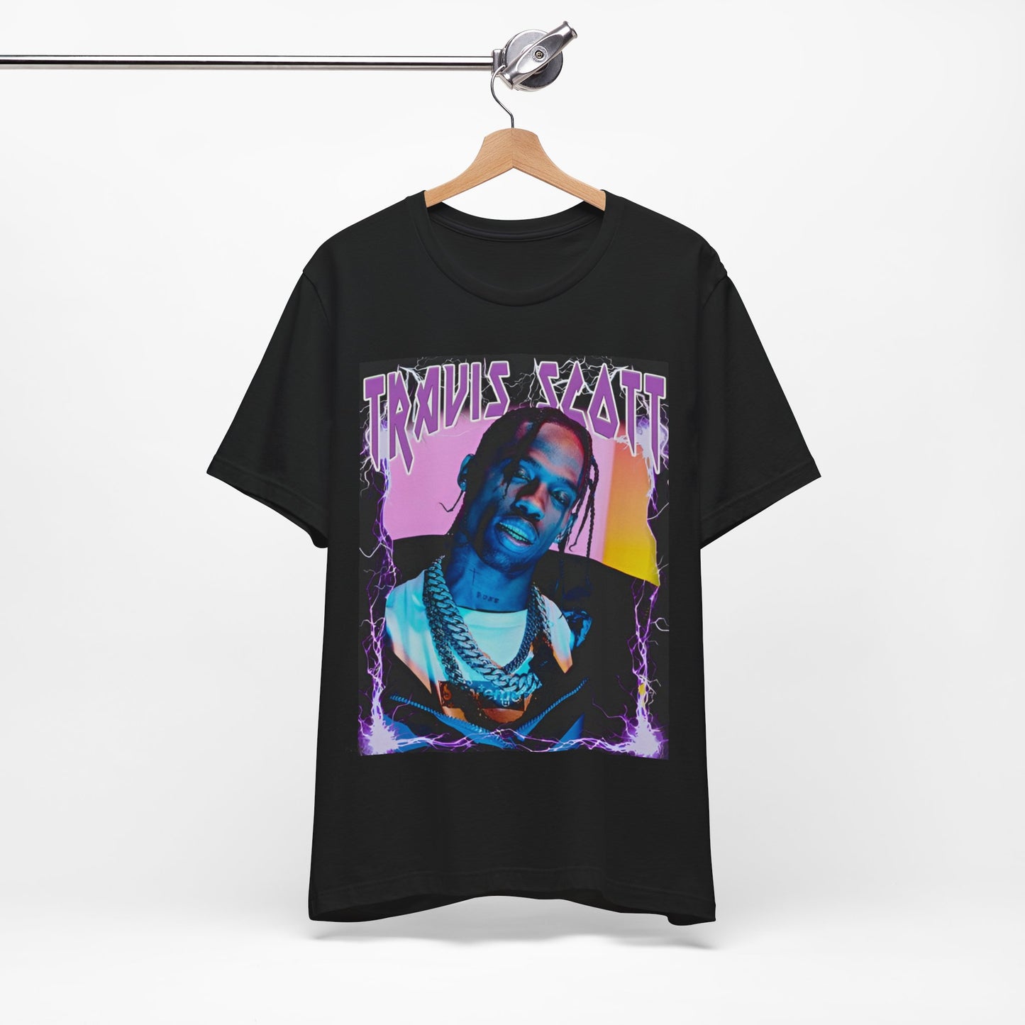 A black graphic t-shirt featuring a retro bootleg graphic of Travis Scott.