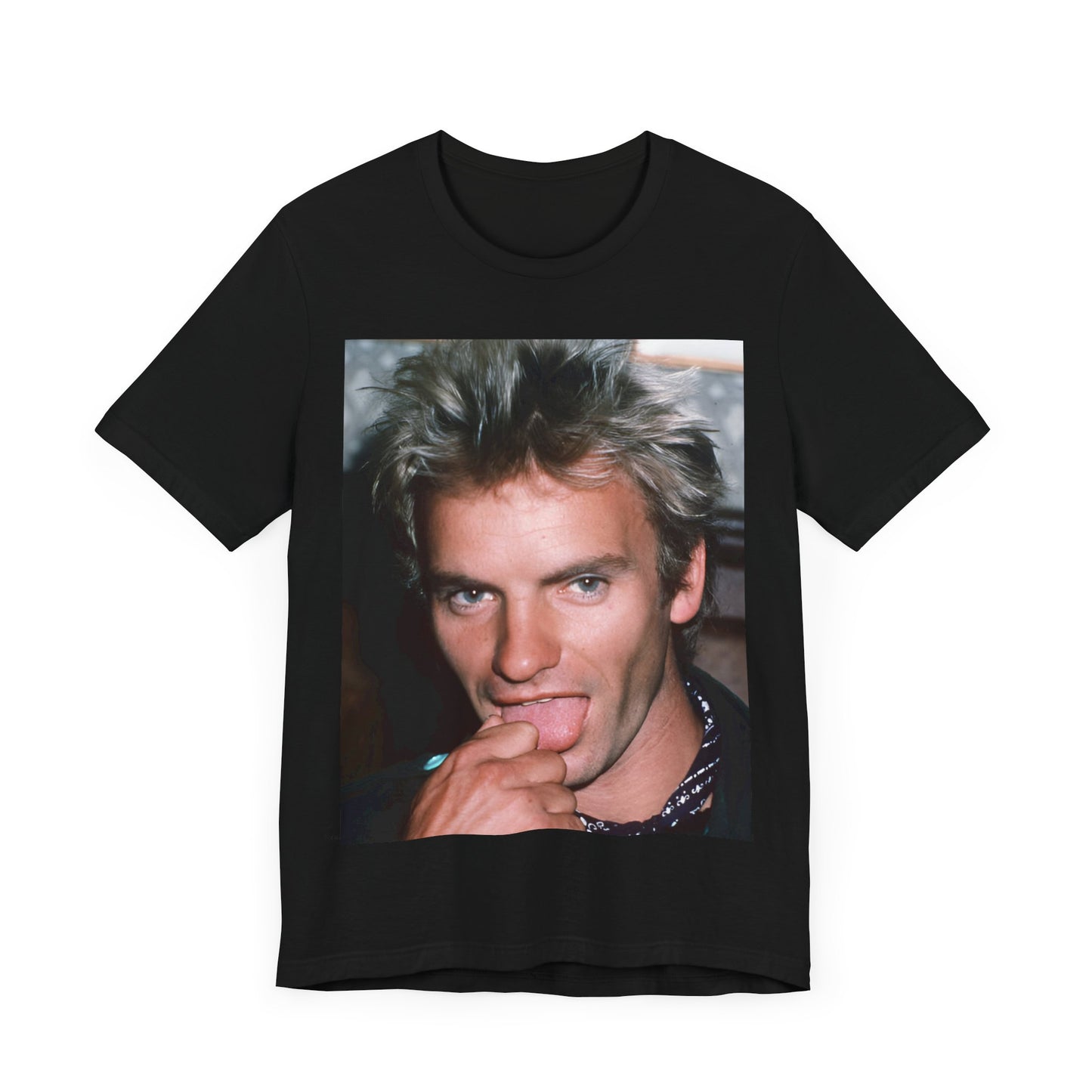 A black graphic t-shirt featuring an 80s new wave aesthetic graphic of Sting.