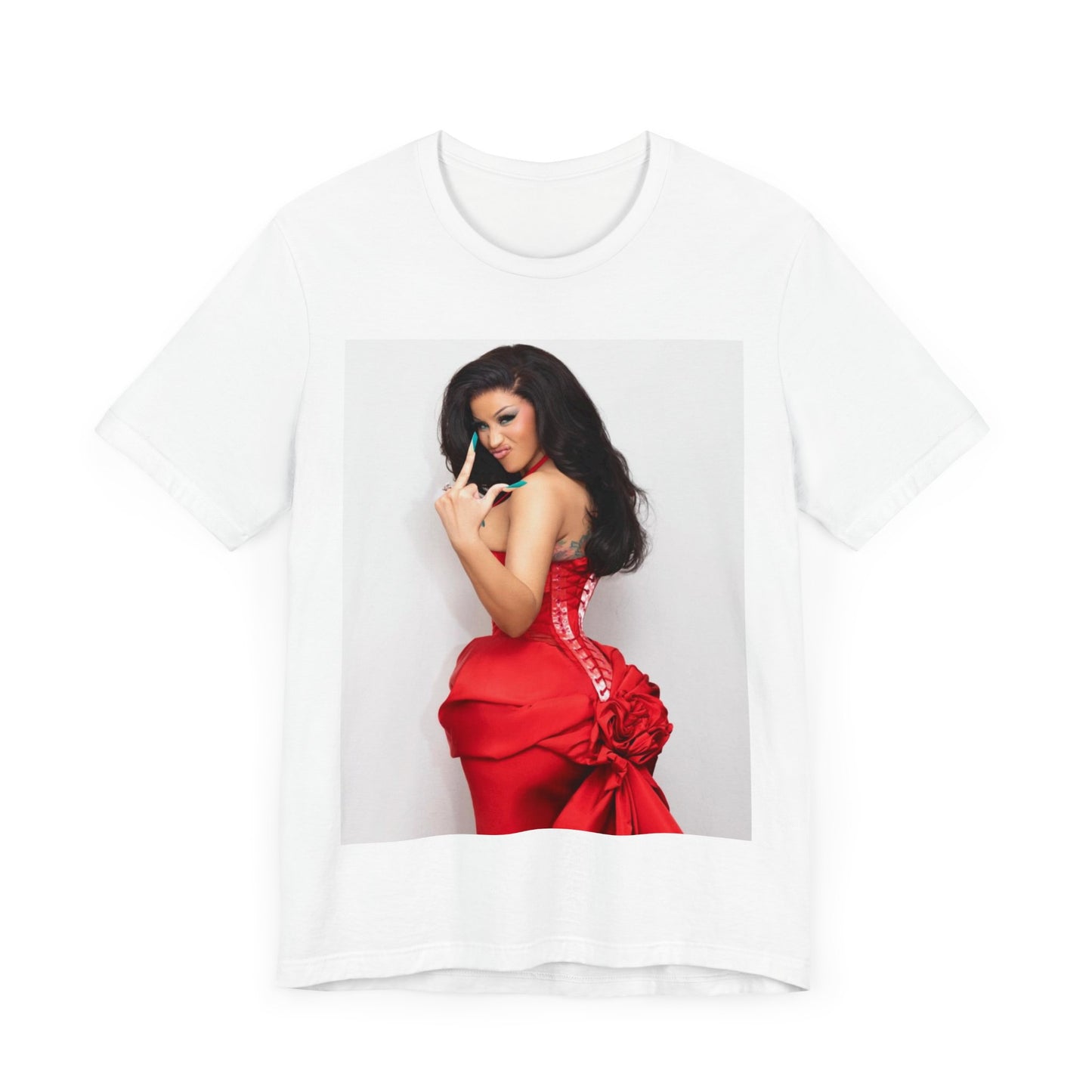 A black graphic t-shirt featuring a graphic of Cardi B making 'the finger' gesture.