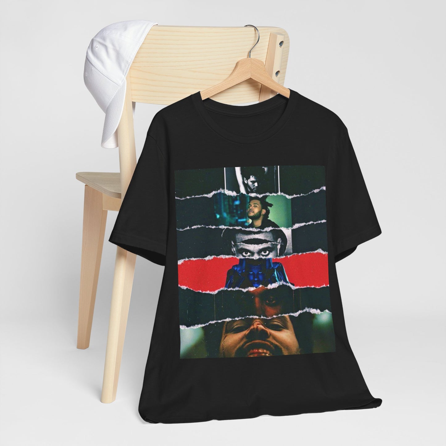 A black graphic t-shirt featuring a graphic representing different aesthetic eras of The Weeknd.