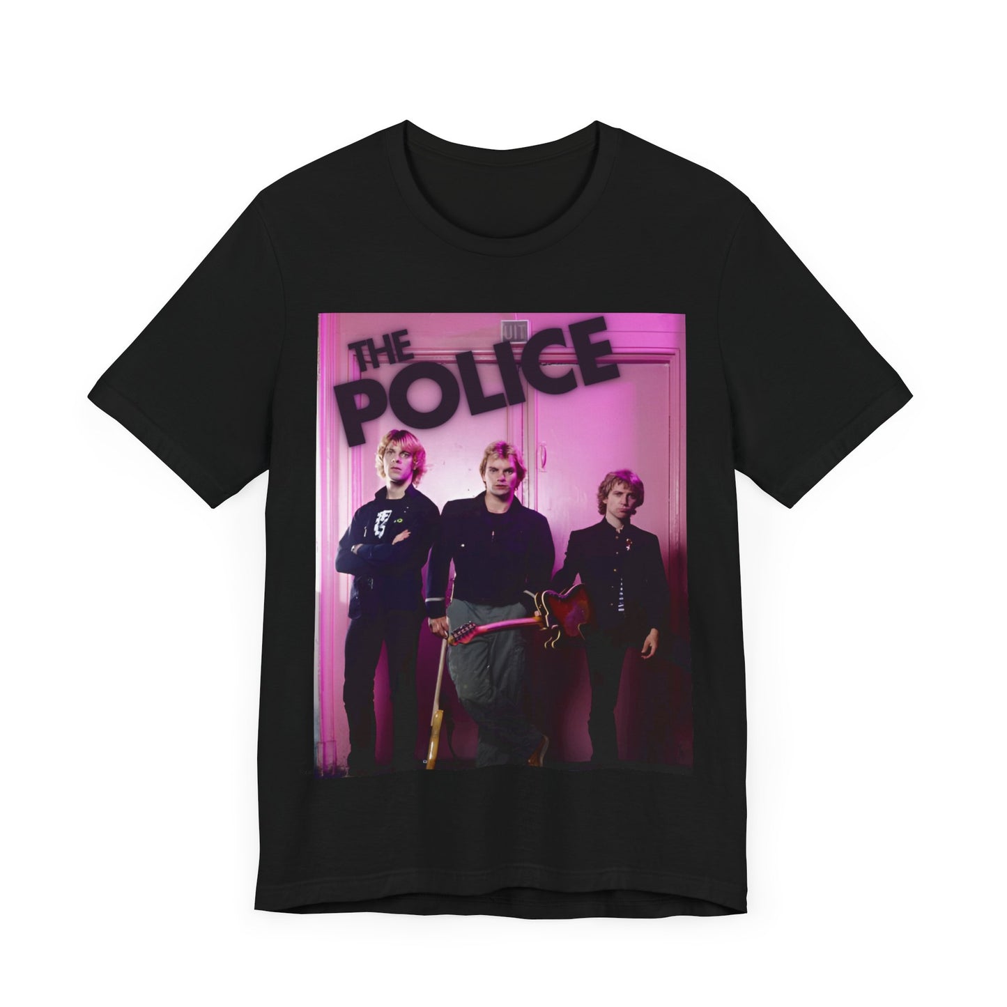 A black graphic t-shirt featuring a classic graphic related to The Police's 'Roxanne' song or era.