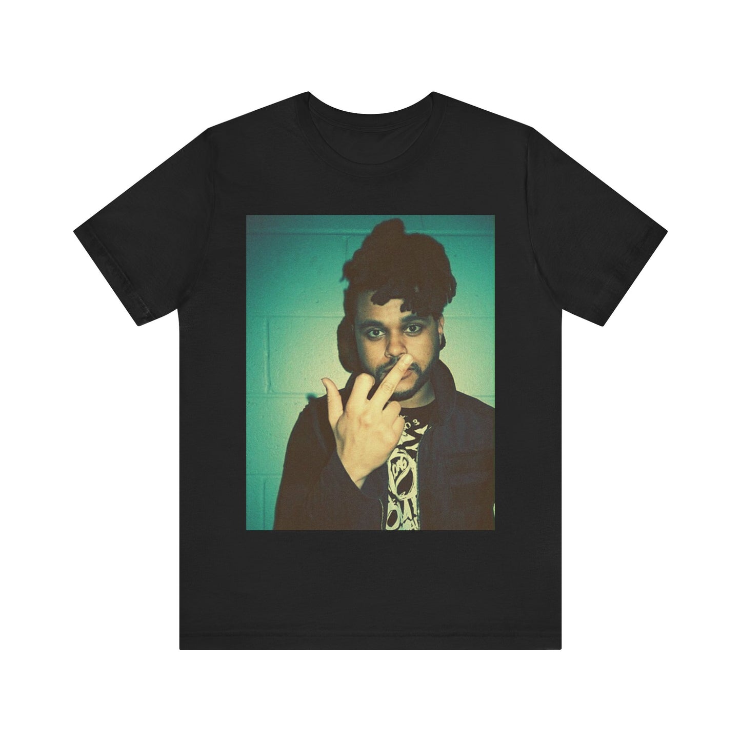 A black graphic t-shirt featuring a graphic of The Weeknd making the middle finger gesture.