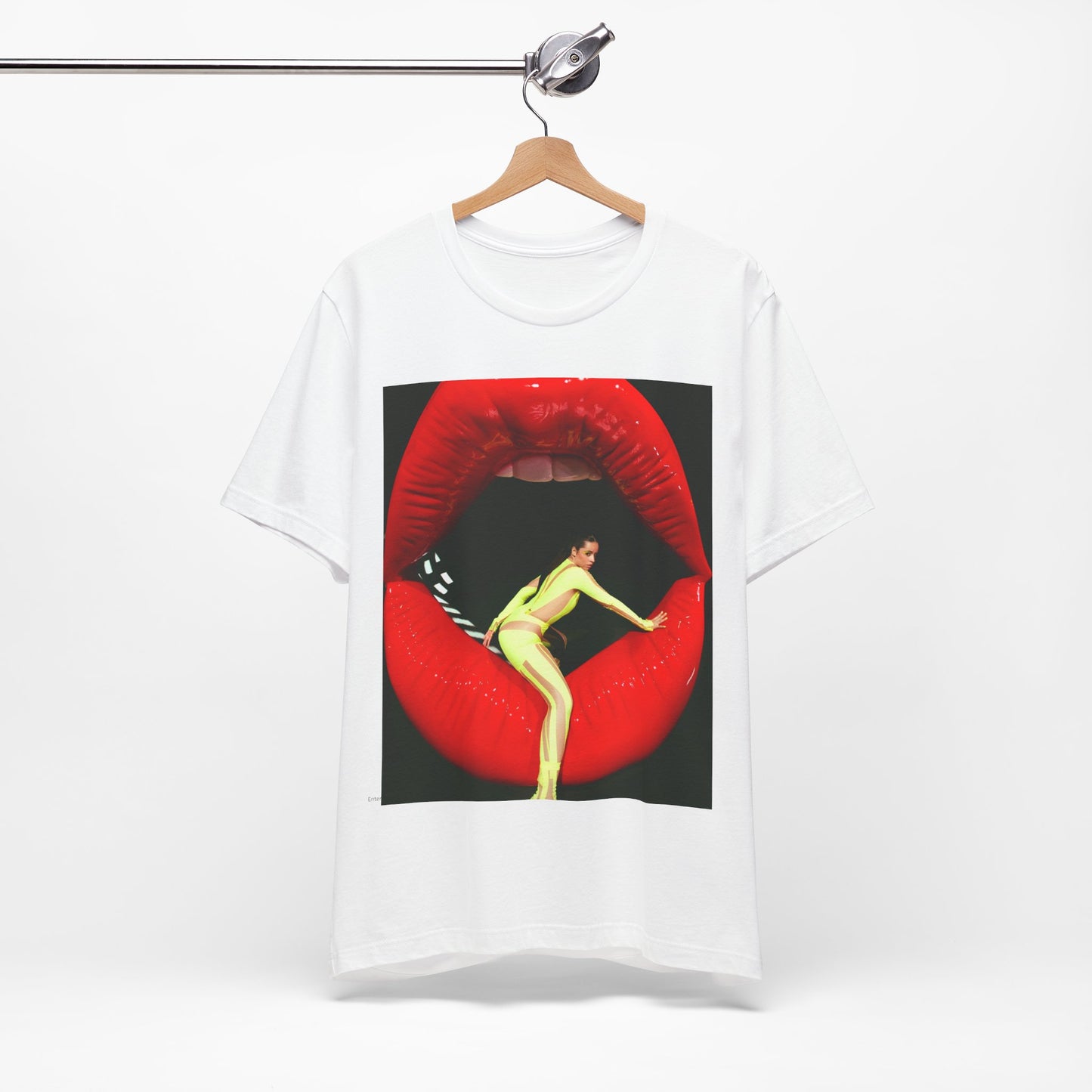 A black graphic t-shirt featuring a graphic of Camila Cabello with a 'rebel heart' or edgy pop star aesthetic.