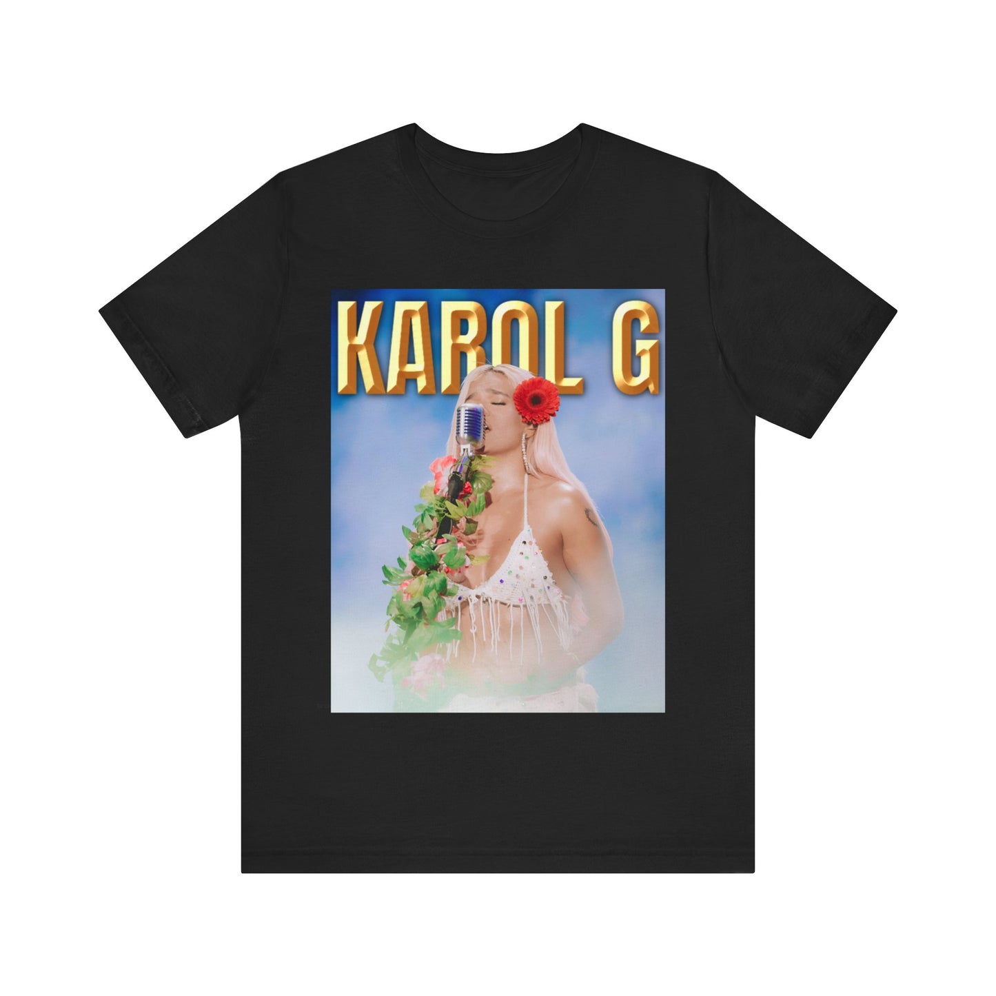A black graphic t-shirt featuring a graphic of Karol G as a classic Latin pop queen.