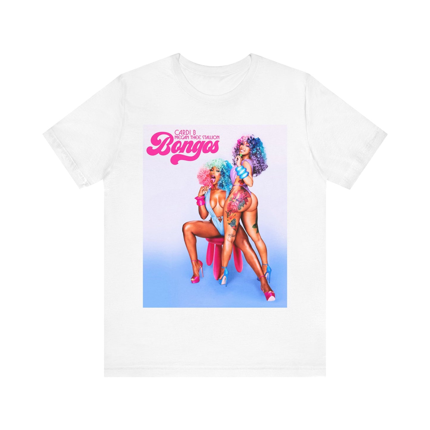 A black graphic t-shirt featuring the single artwork for Cardi B's song "Bongos."