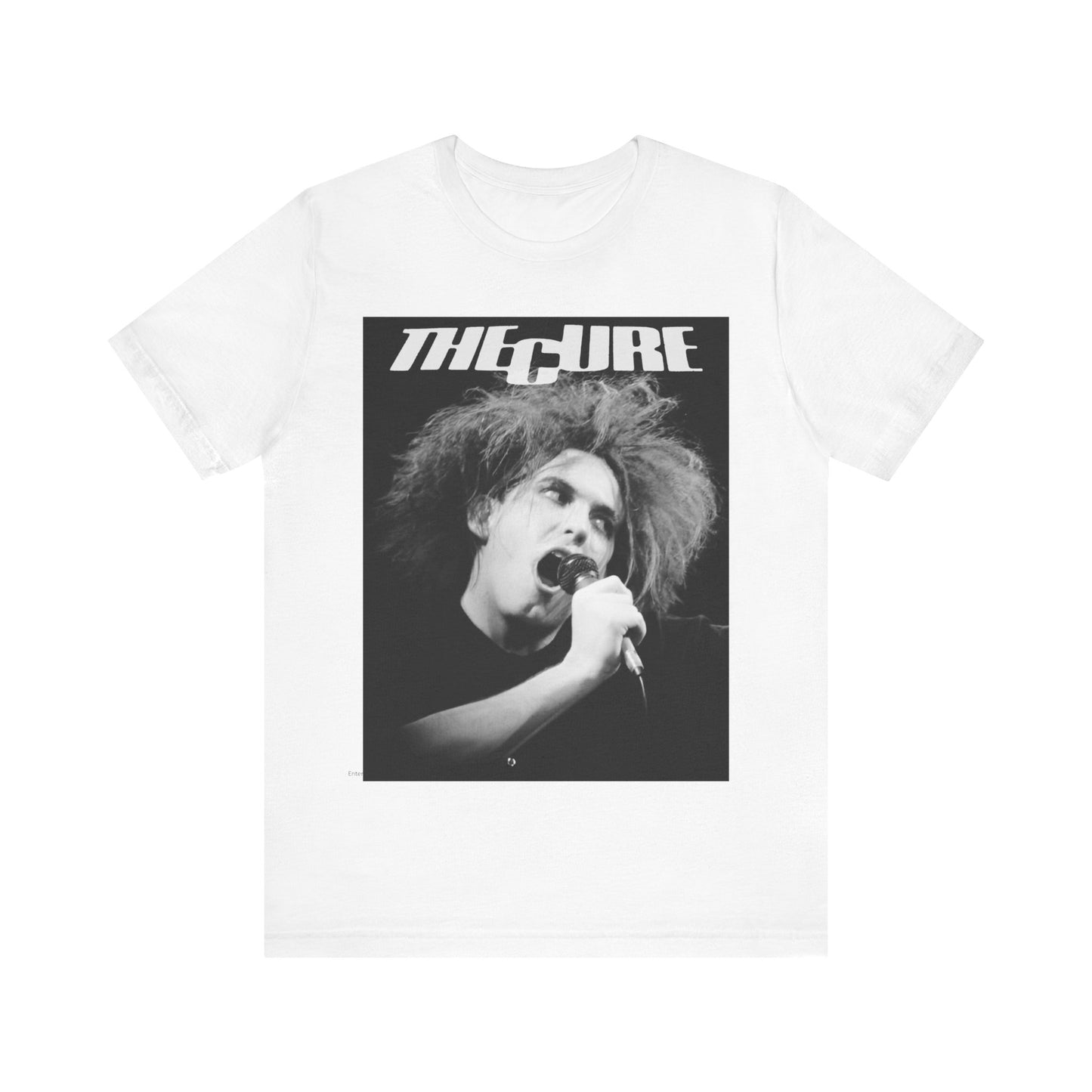 A black graphic t-shirt featuring a graphic of The Cure with a dark romanticism core aesthetic.
