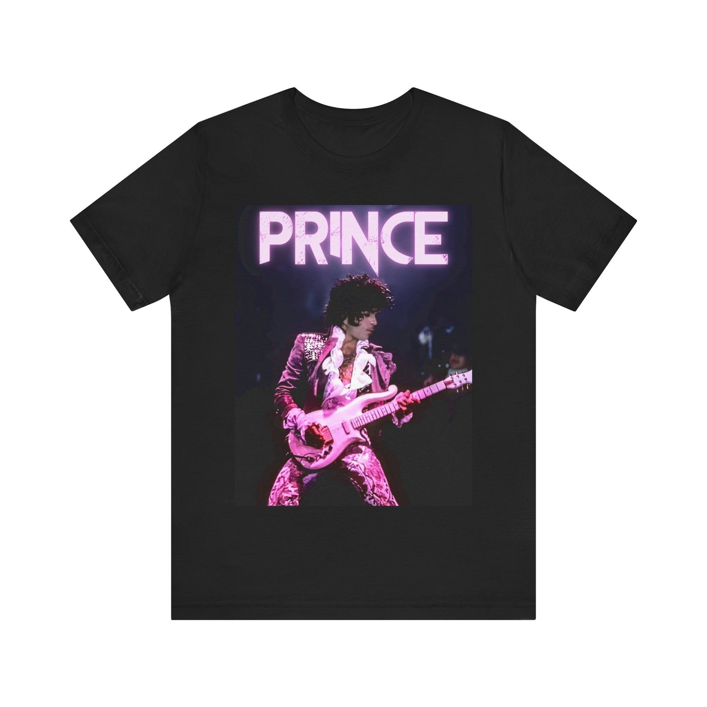 A black graphic t-shirt featuring an 80s pop genius graphic of Prince.