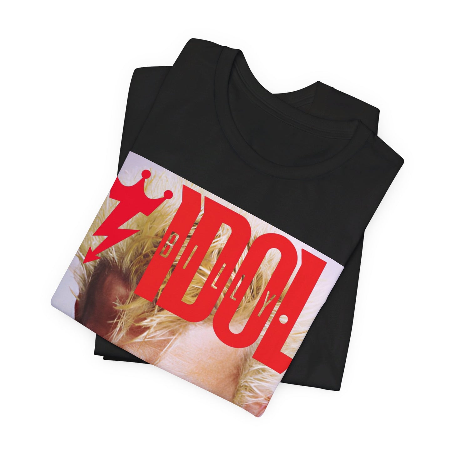 A black graphic t-shirt featuring a graphic inspired by Billy Idol's 'Rebel Yell' album or era.