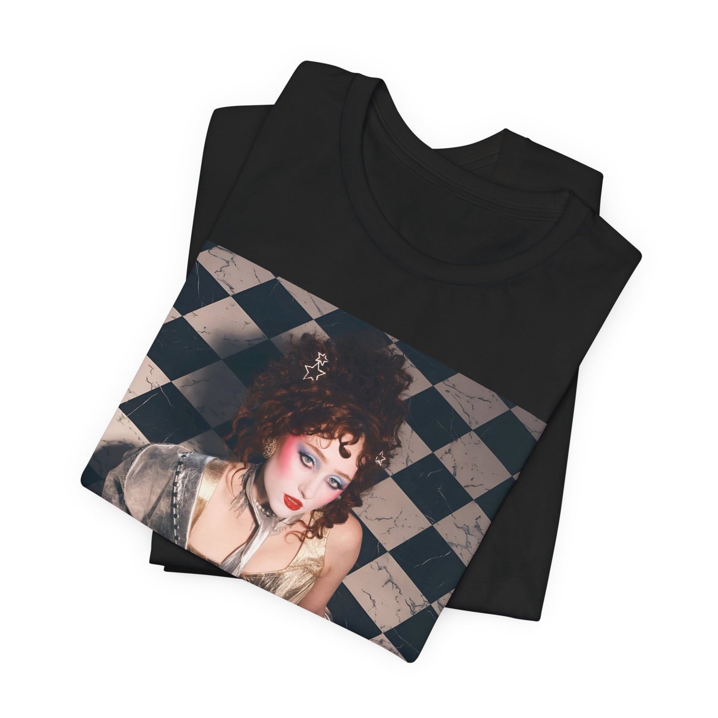 A black graphic t-shirt featuring a graphic of Chappell Roan, evoking "Naked in Manhattan" vibes.