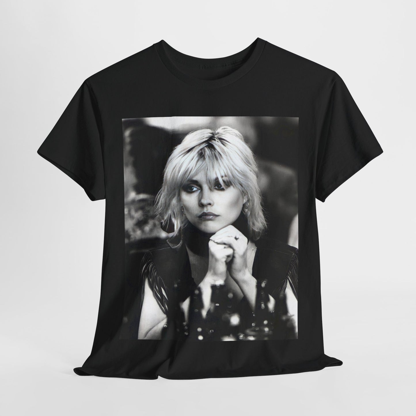 A black graphic t-shirt featuring an iconic black and white graphic or photo of Blondie.