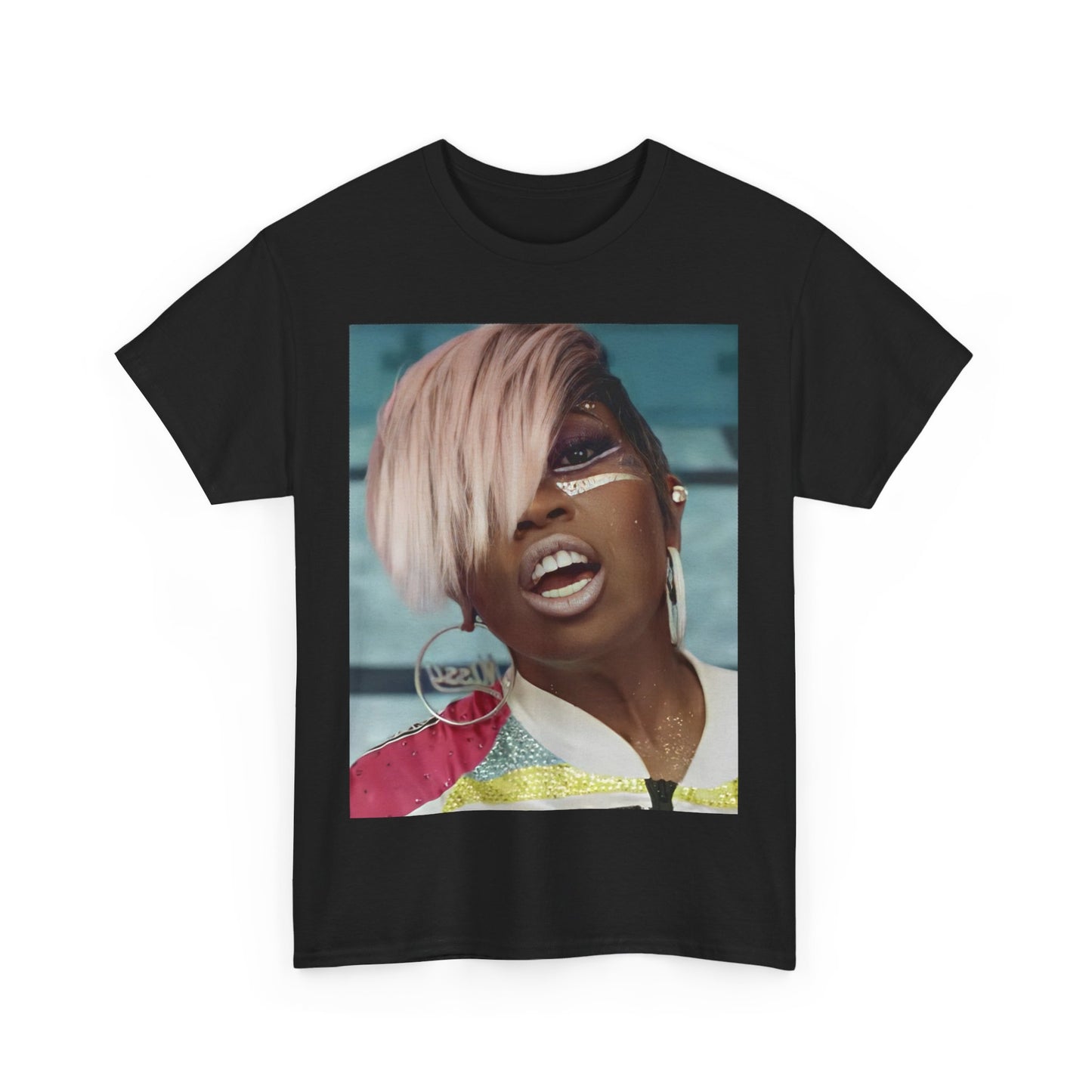 A black graphic t-shirt featuring a classic 90s rap aesthetic graphic of Missy Elliott.
