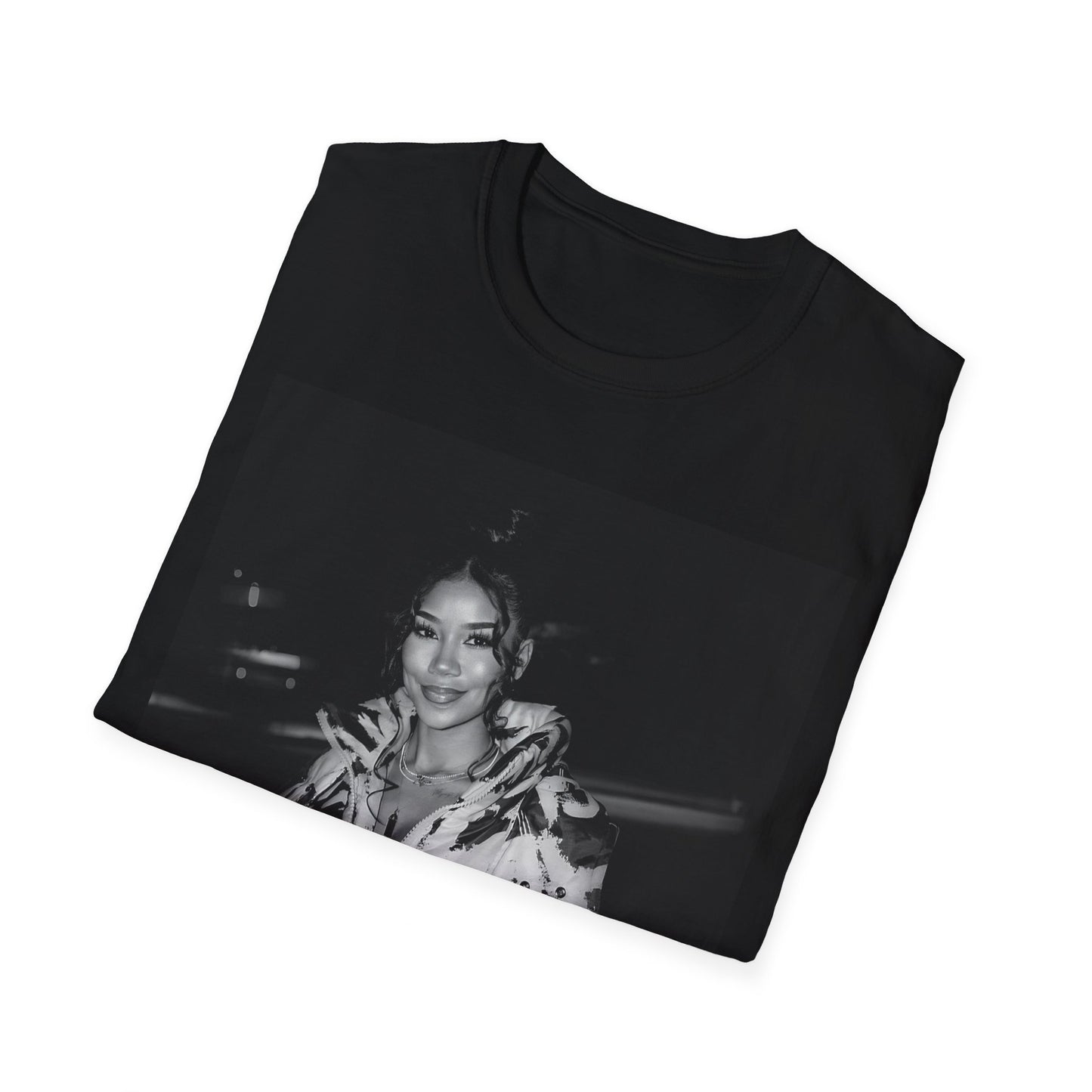 A black graphic t-shirt featuring a classic black and white photo portrait of Jhene Aiko.