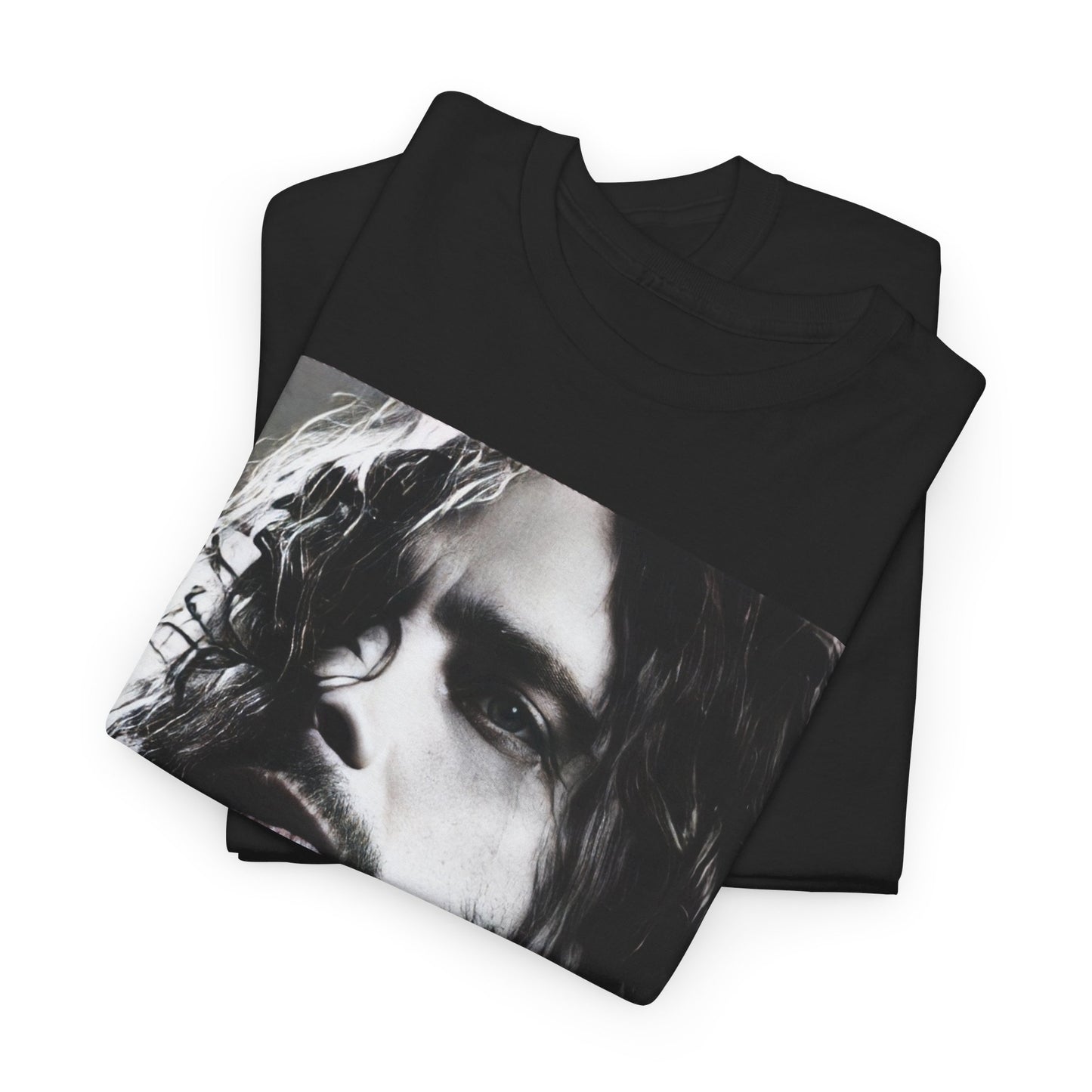 A black graphic t-shirt featuring a 90s black and white retro photo portrait of Chris Cornell.