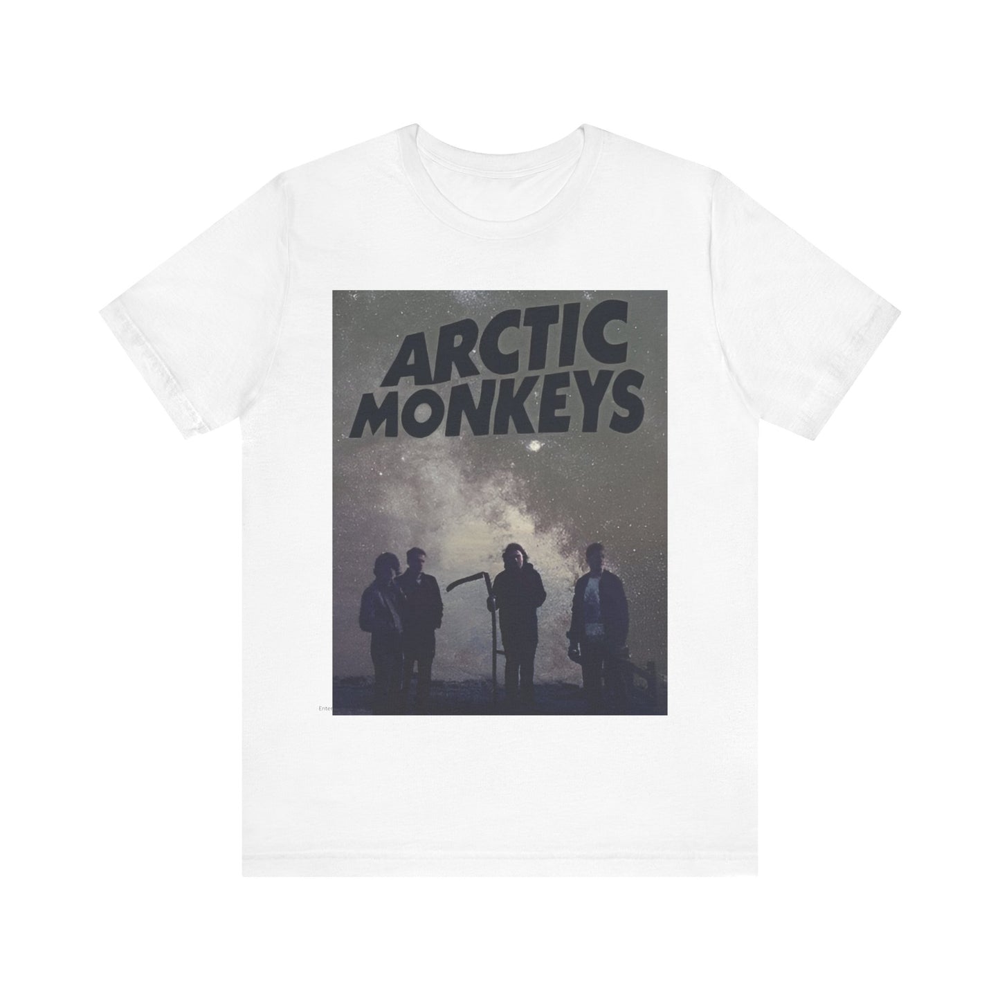 A black graphic t-shirt featuring an artistic or aesthetic graphic of the Arctic Monkeys band.