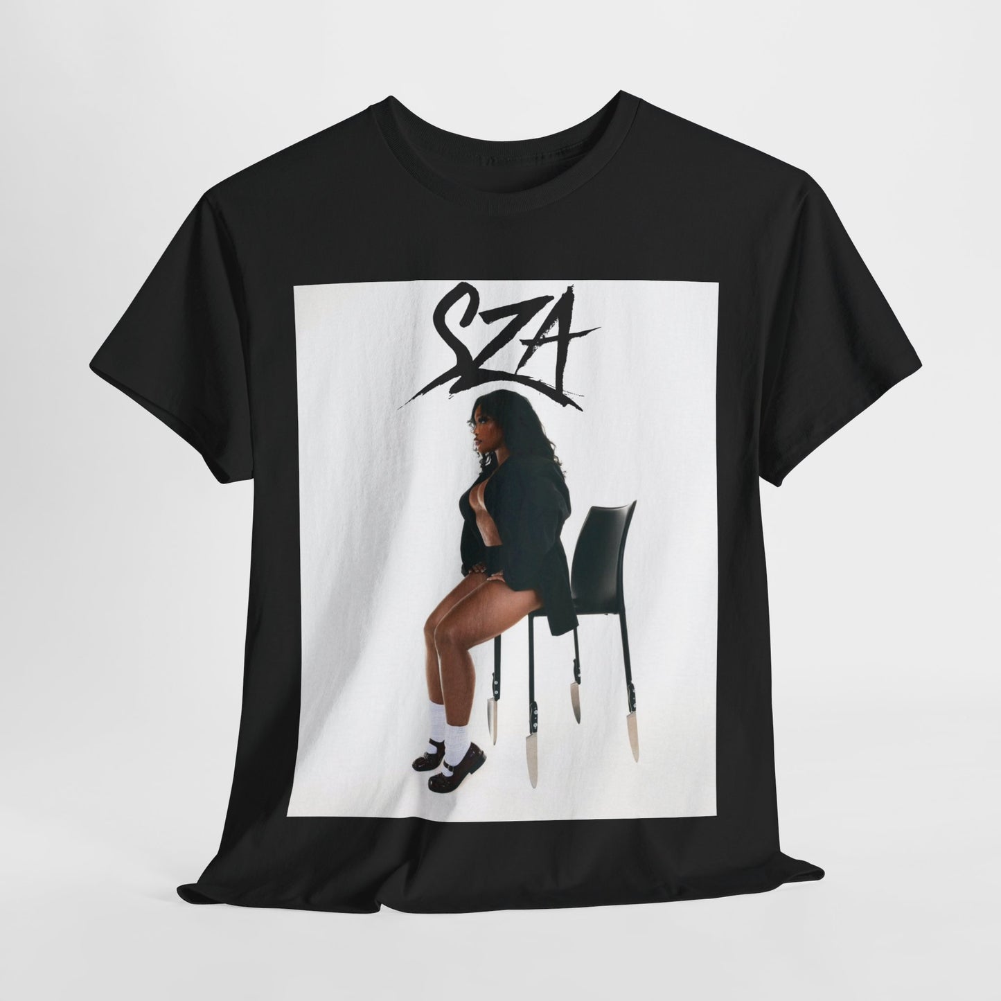 A black graphic t-shirt featuring a chill neo-soul aesthetic graphic of SZA.