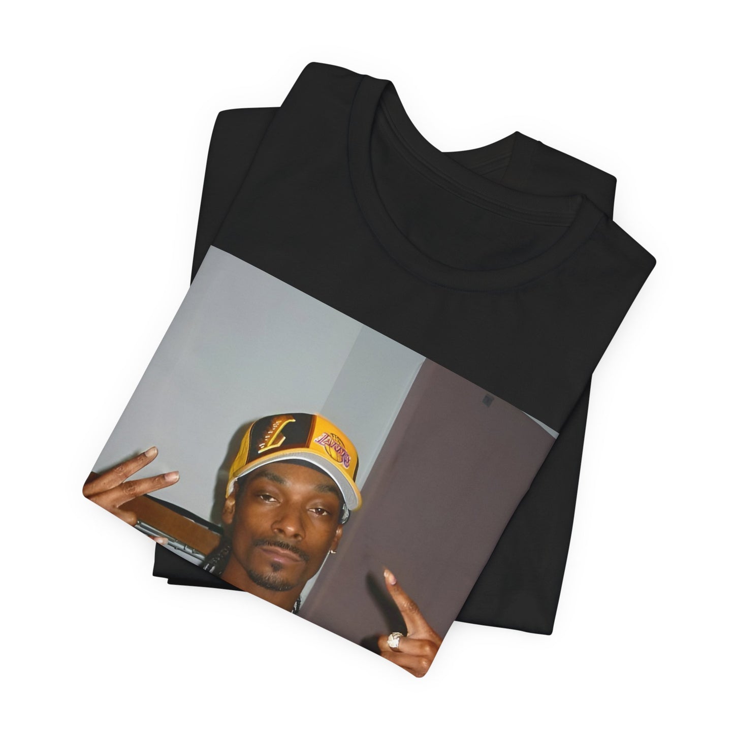 A black graphic t-shirt featuring a graphic of Snoop Dogg with Lakers branding or colors.