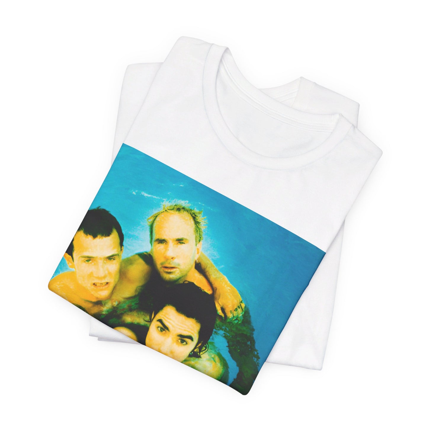 A black graphic t-shirt featuring a photo of Red Hot Chili Peppers band members by a pool.