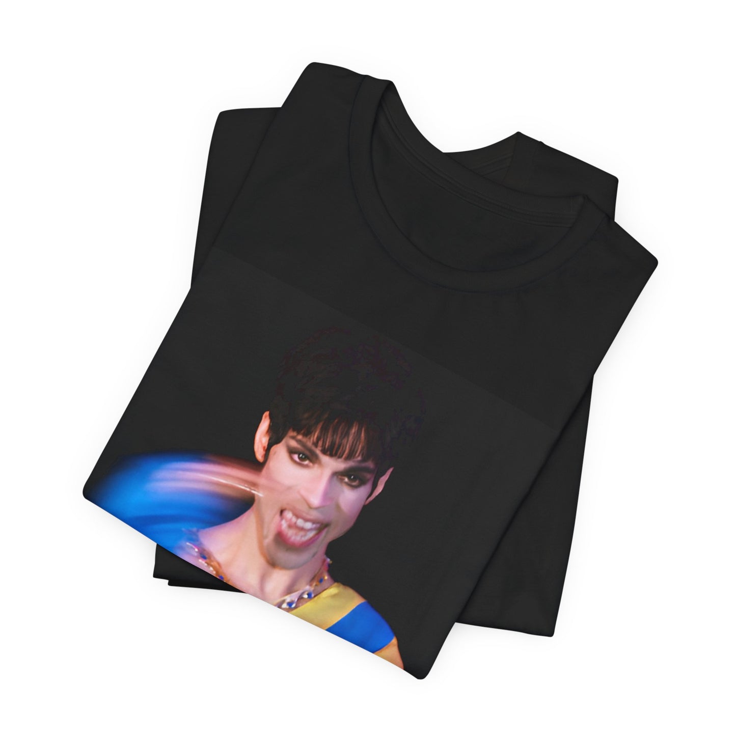 A black graphic t-shirt featuring a graphic related to Prince's 'When Doves Cry' song or era.