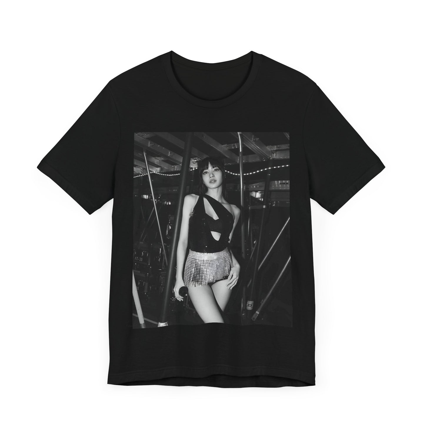 A black graphic t-shirt featuring a black and white graphic or photo of Lisa in a backstage setting.