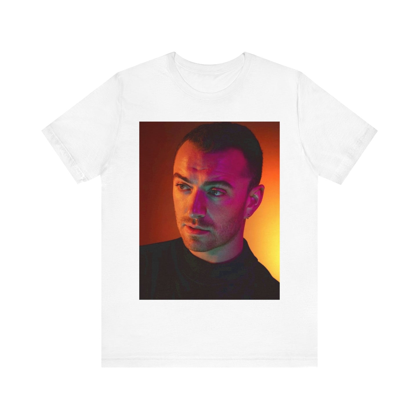 A black graphic t-shirt featuring a colorful portrait graphic of Sam Smith.