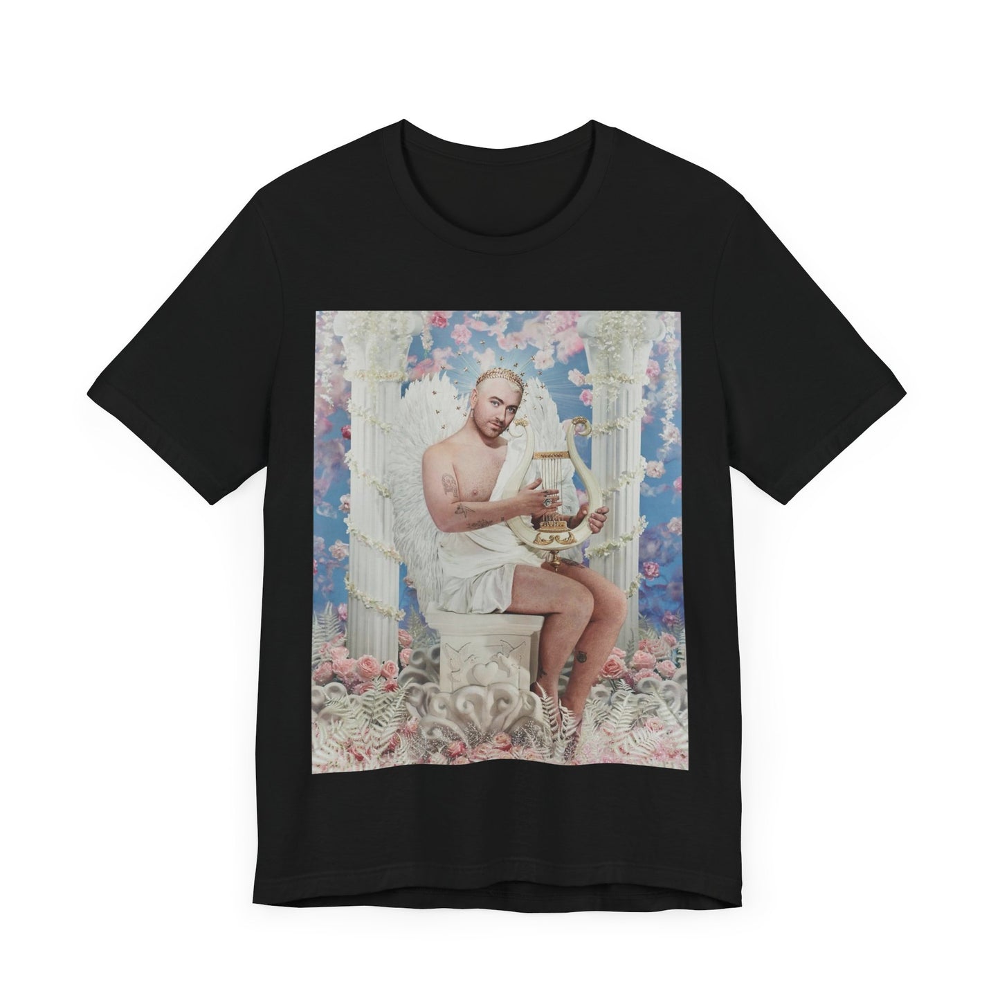 A black graphic t-shirt featuring a heavenly angel pop graphic of Sam Smith.
