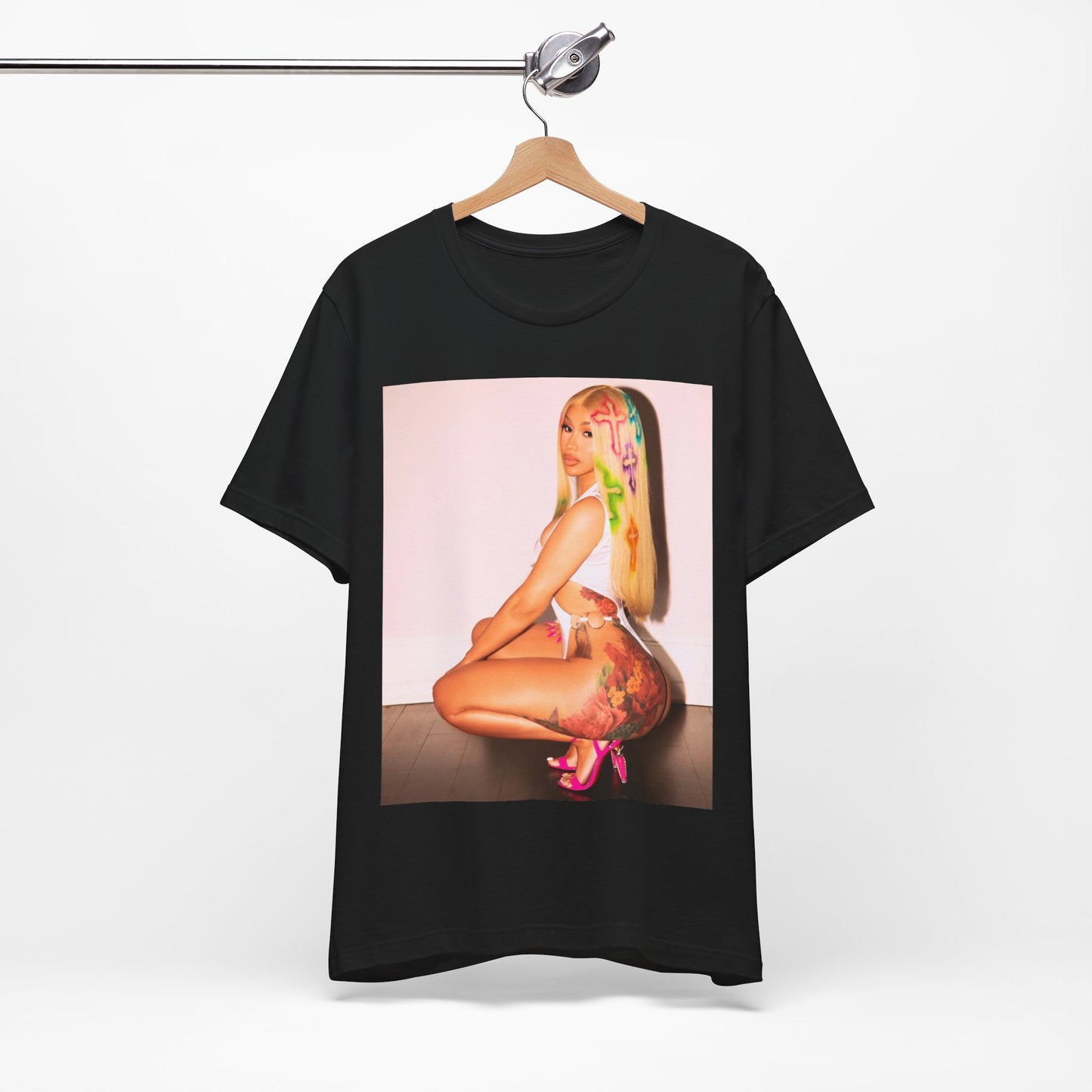 A black graphic t-shirt featuring a graphic of Cardi B in a bold, fashion-forward pose, emphasizing her 'fashion killa' style.