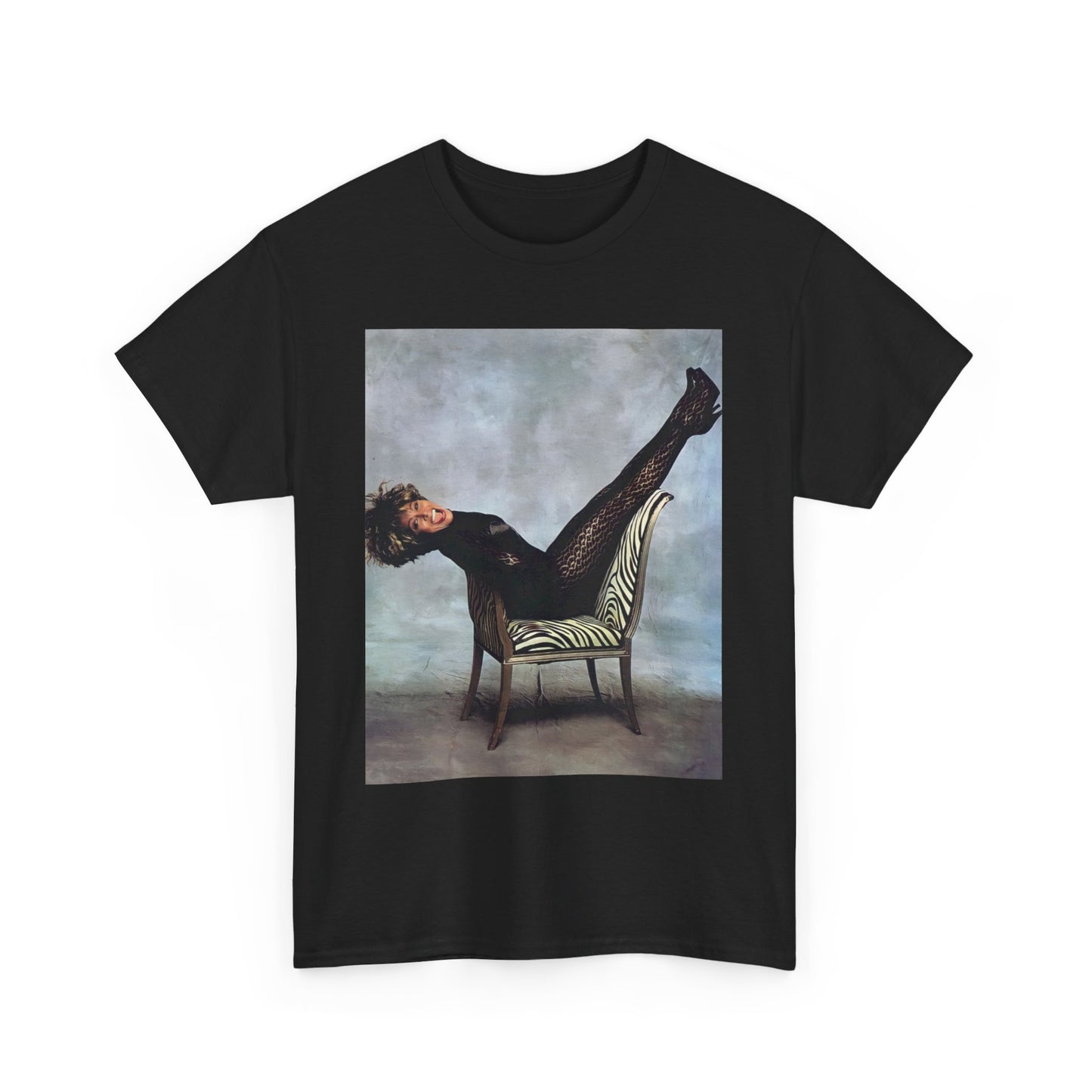 A black graphic t-shirt featuring a bold rock superstar graphic of Tina Turner.
