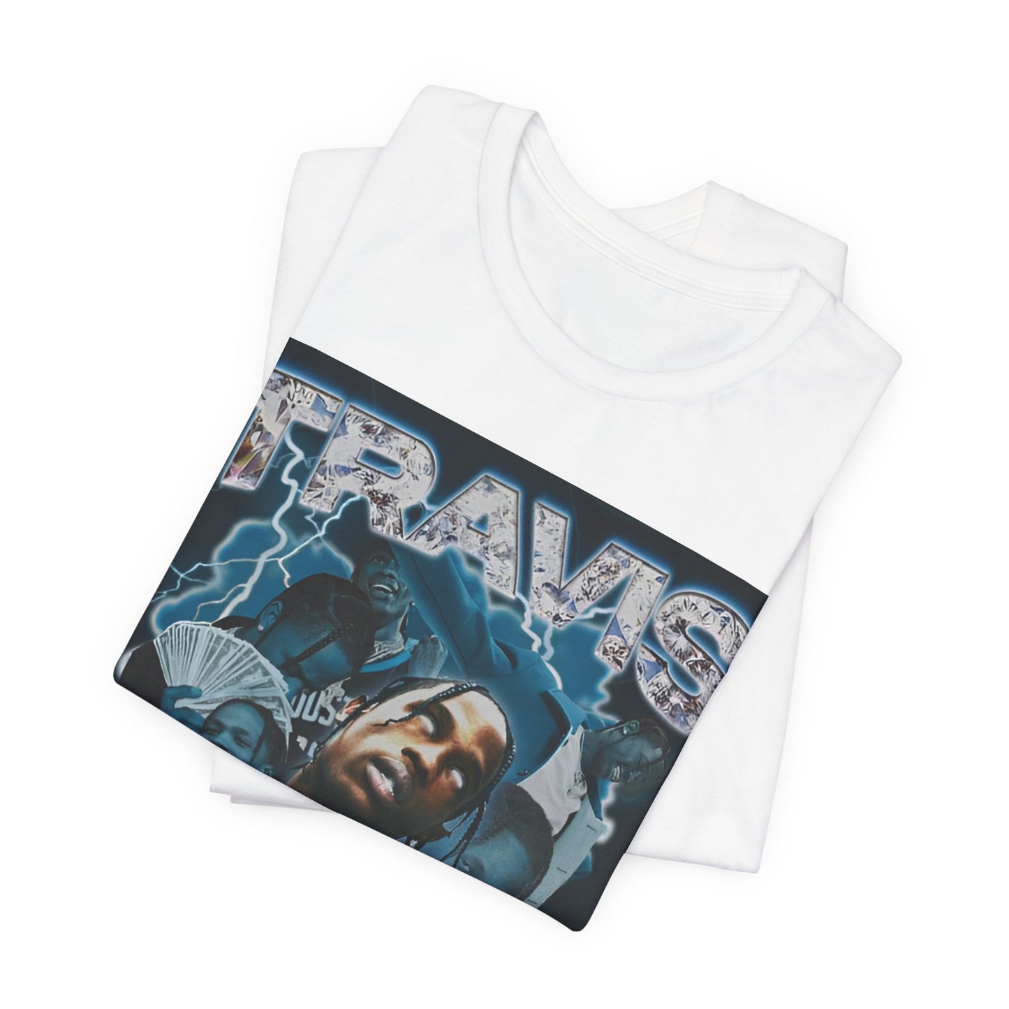 A black graphic t-shirt featuring a 90s bootleg style graphic of Travis Scott.