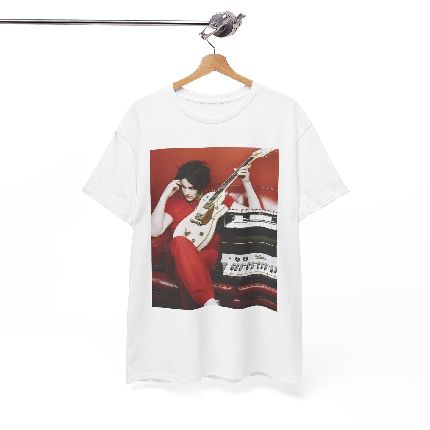 A black graphic t-shirt featuring a retro graphic of The White Stripes with a garage rock aesthetic.