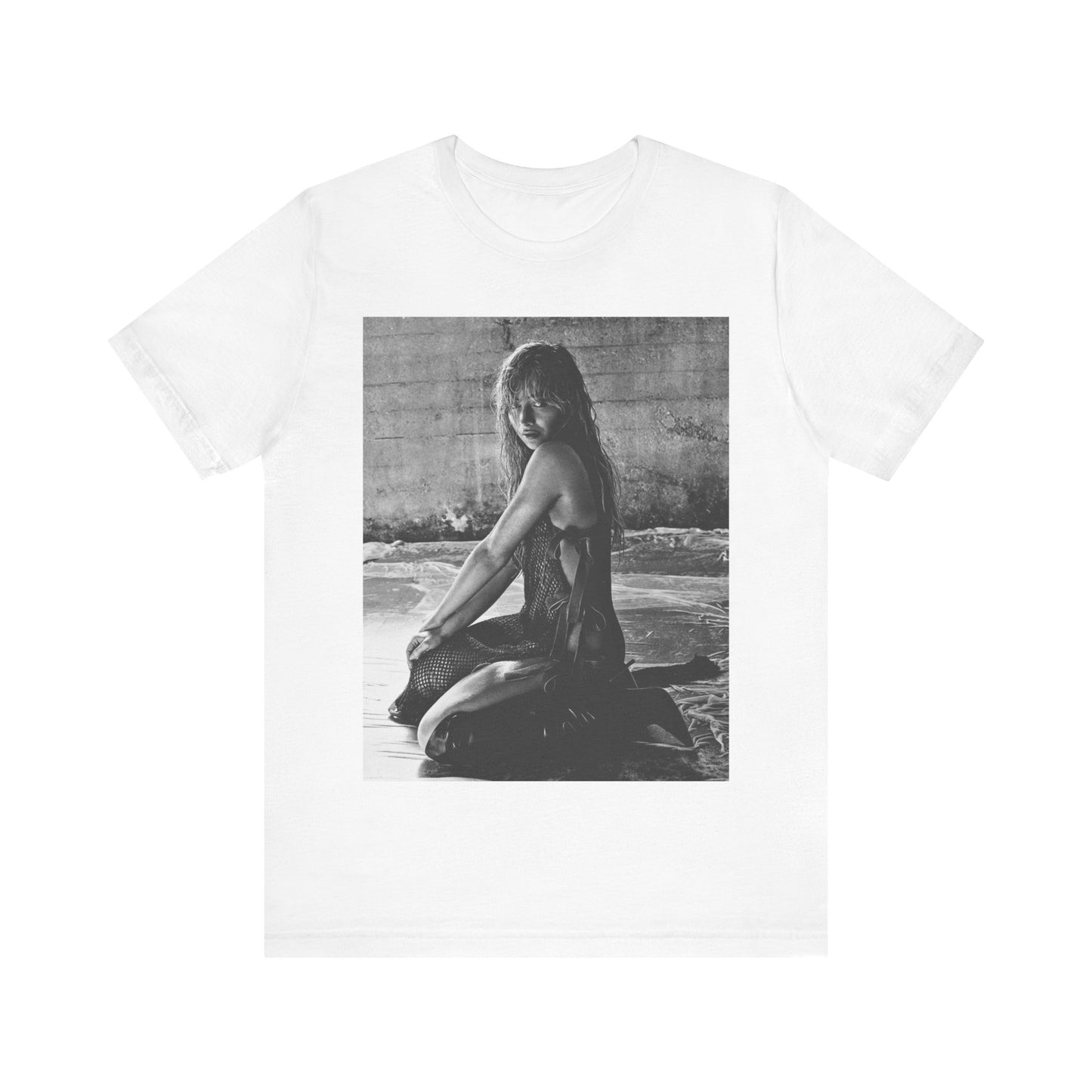 A black graphic t-shirt featuring a black and white, monochrome graphic or photo of Sabrina Carpenter.