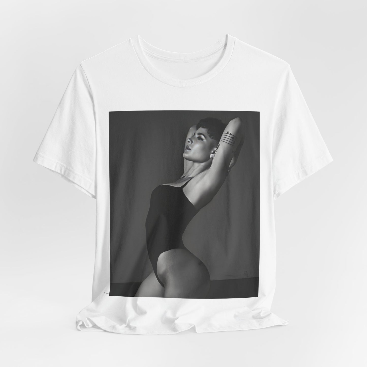 A black graphic t-shirt featuring a black and white, monochrome graphic or photo of Halsey.