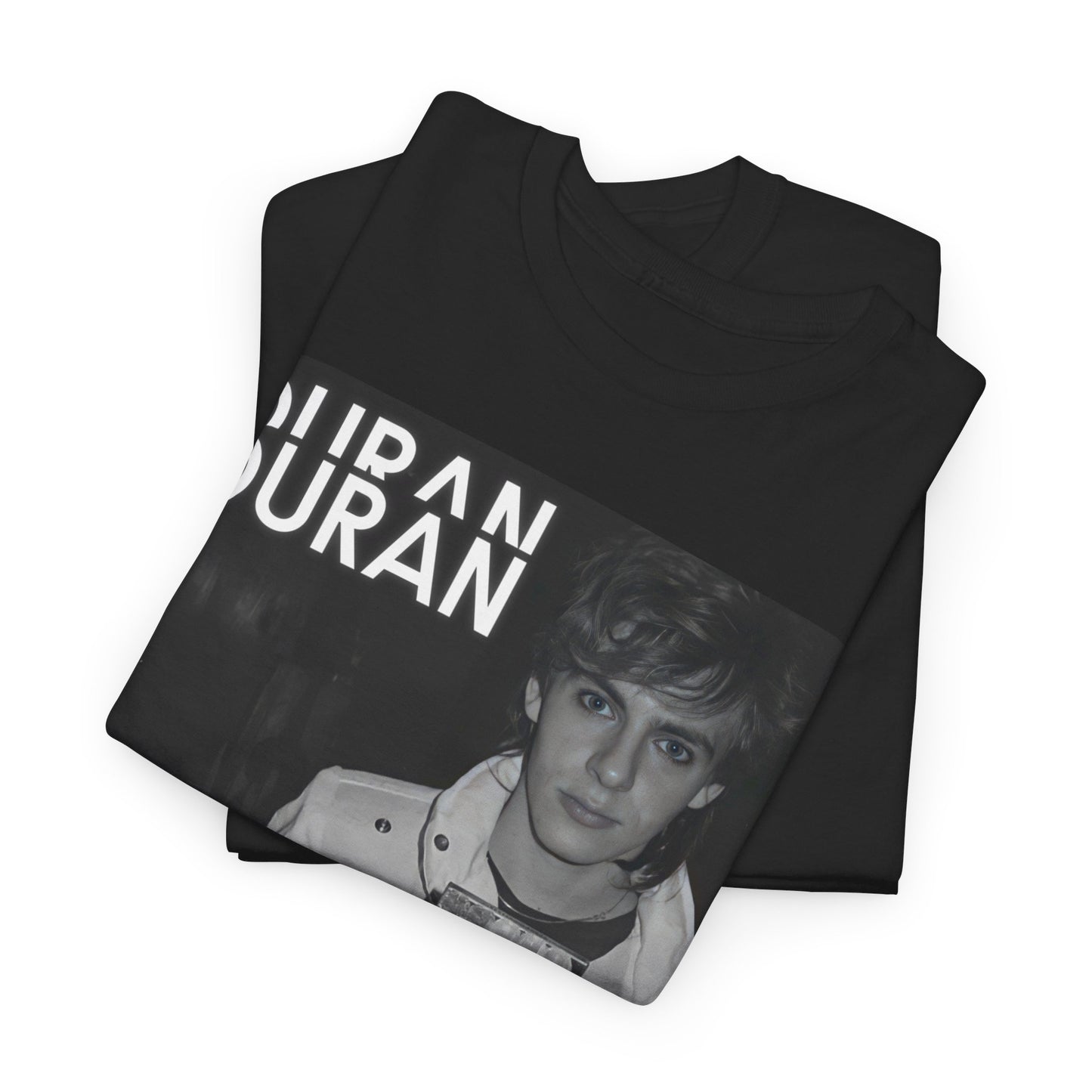 A black graphic t-shirt featuring an 80s black and white Polaroid-style photo of Duran Duran.