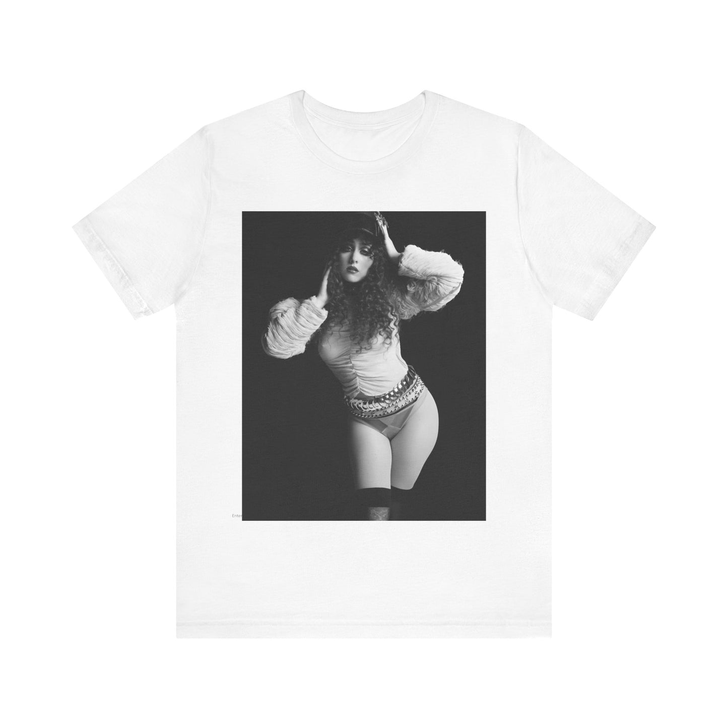 A black graphic t-shirt featuring a black and white, monochrome graphic or portrait of Chappell Roan.