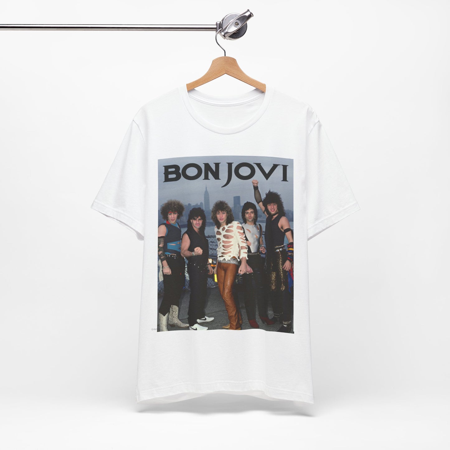 A black graphic t-shirt featuring a graphic related to Bon Jovi's 'Livin' on a Prayer' song or era from the 1980s.
